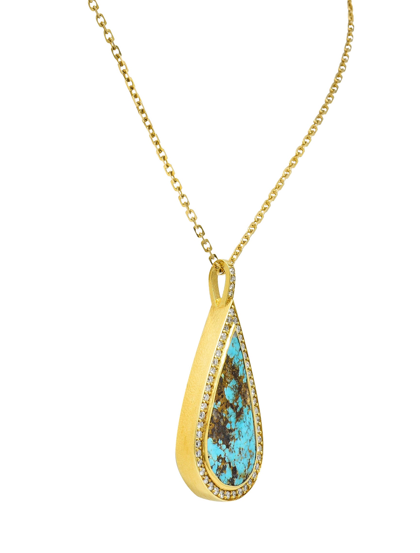 Vintage Turquoise 1.25 CTW Diamond 18 Karat Gold Drop Pendant NecklaceNecklace - Wilson's Estate Jewelry
