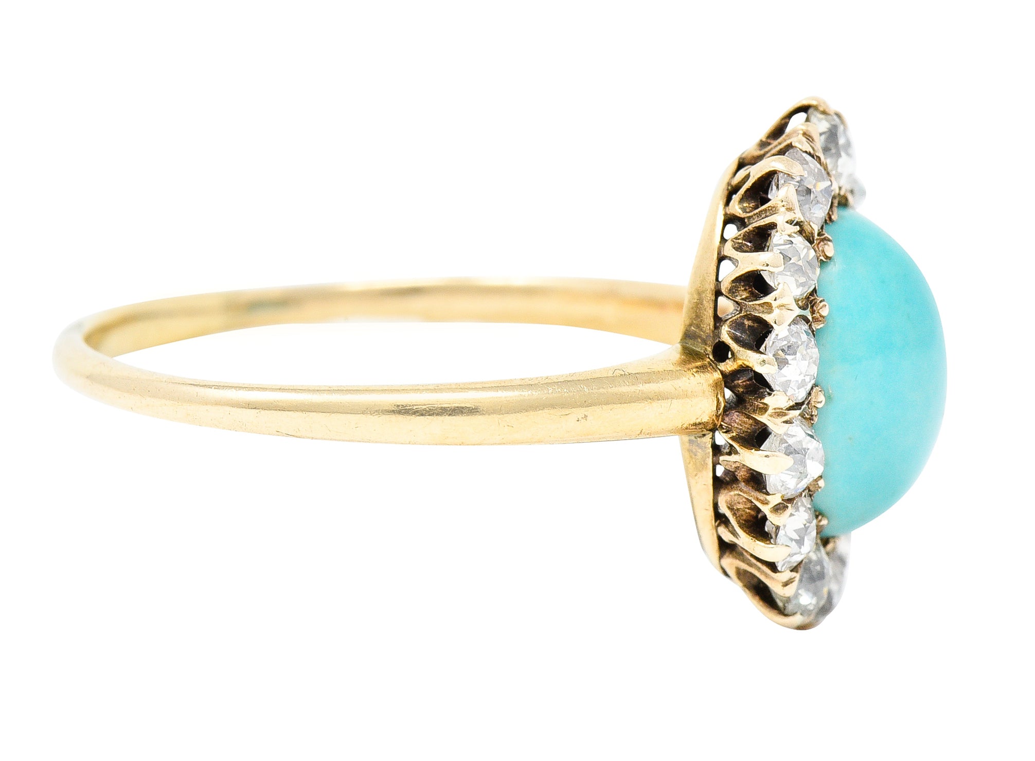Victorian Turquoise Cabochon Old Mine Cut Diamond 14 Karat Yellow Gold Halo Ring Wilson's Estate Jewelry