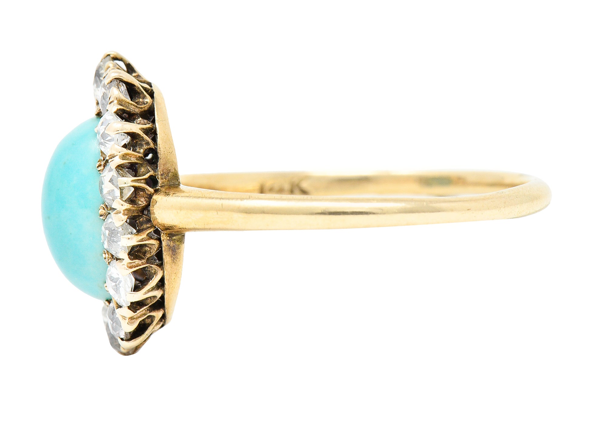 Victorian Turquoise Cabochon Old Mine Cut Diamond 14 Karat Yellow Gold Halo Ring Wilson's Estate Jewelry