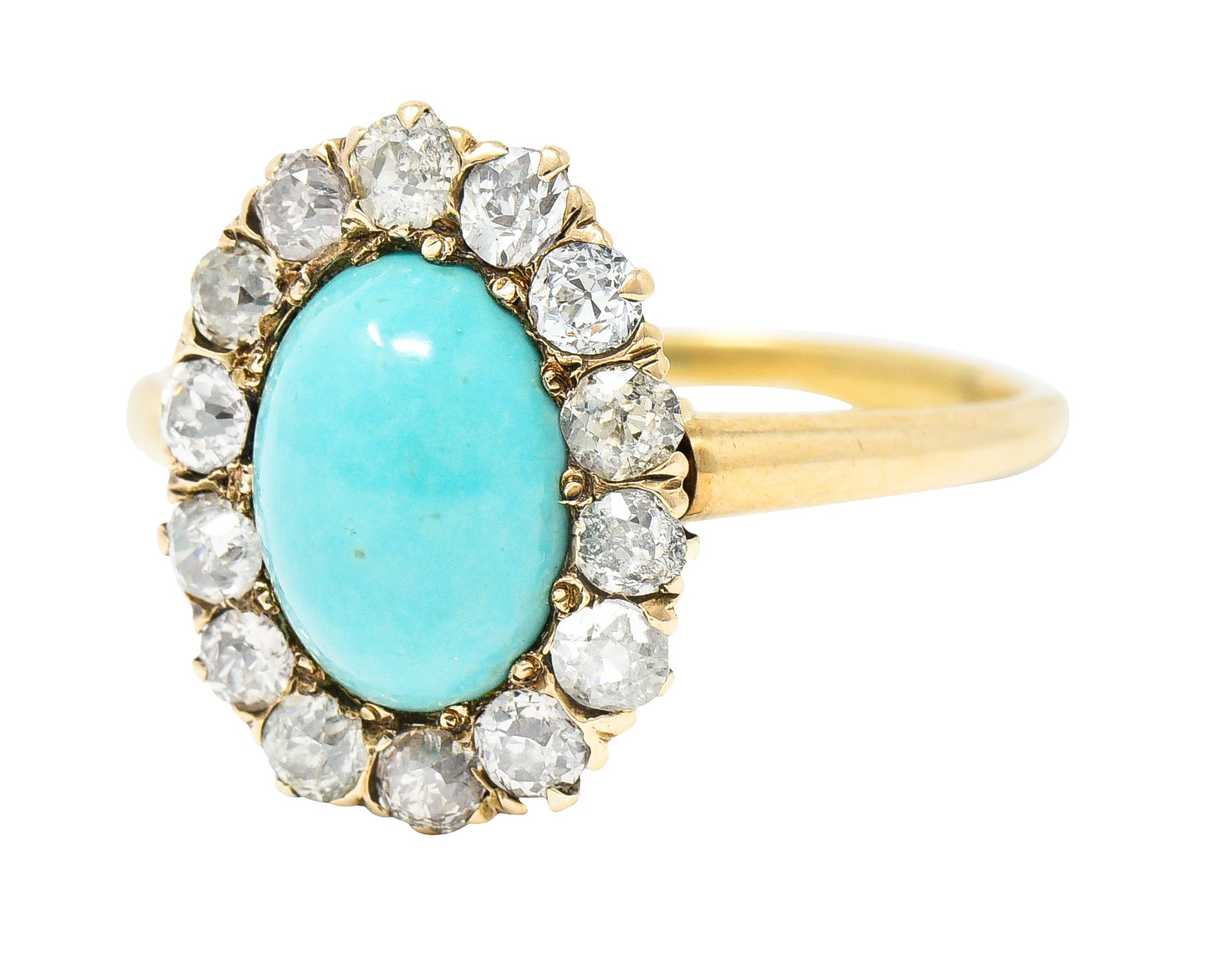 Victorian Turquoise Cabochon Old Mine Cut Diamond 14 Karat Yellow Gold Halo Ring Wilson's Estate Jewelry