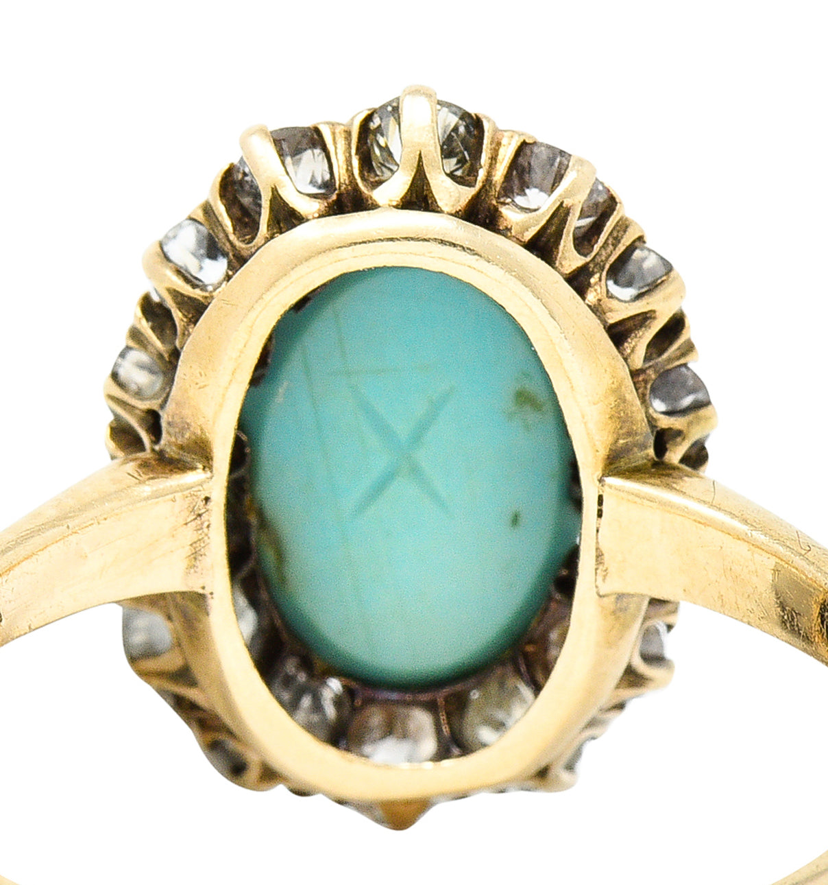 Victorian Turquoise Cabochon Old Mine Cut Diamond 14 Karat Yellow Gold Halo Ring Wilson's Estate Jewelry