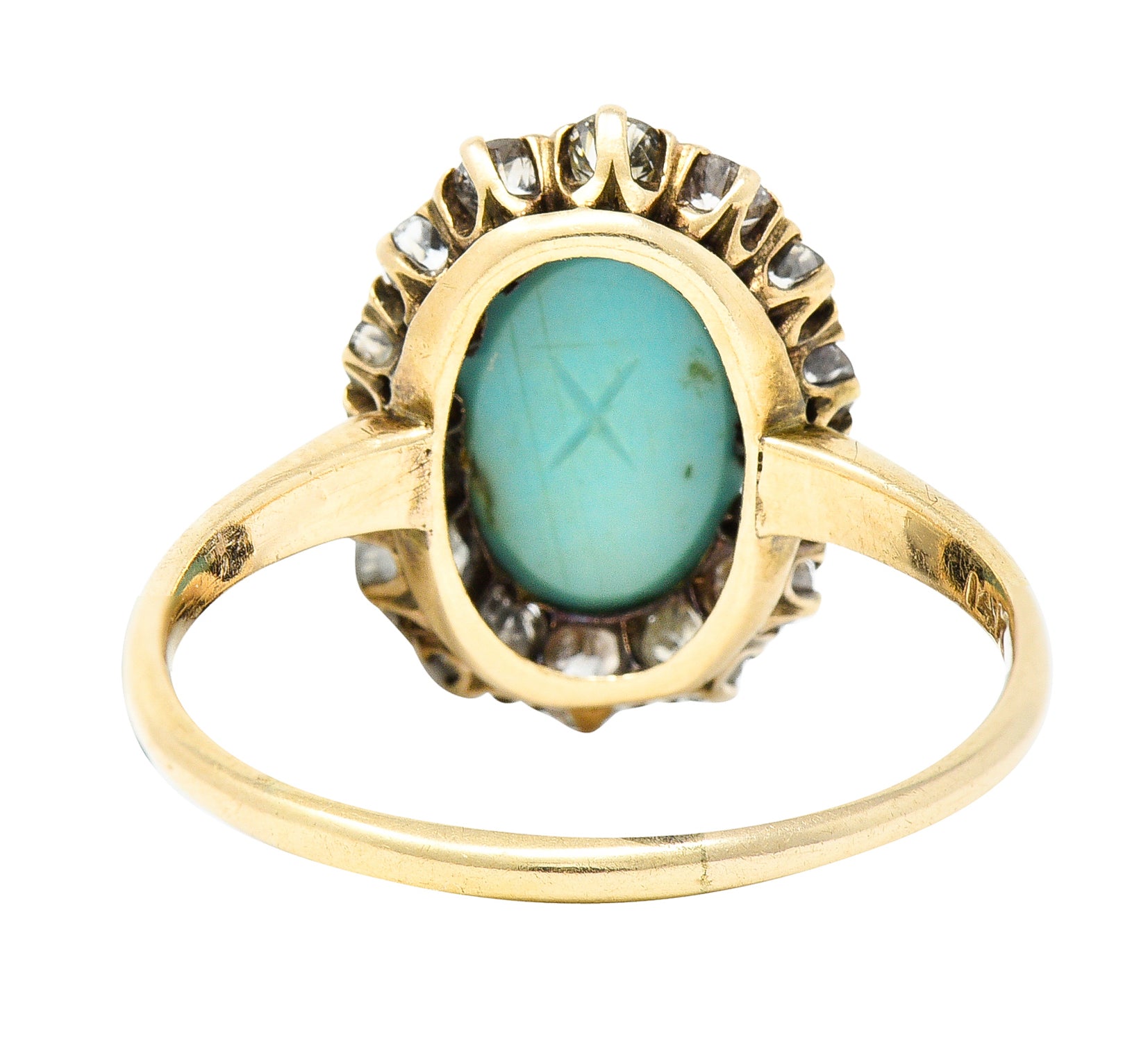Victorian Turquoise Cabochon Old Mine Cut Diamond 14 Karat Yellow Gold Halo Ring Wilson's Estate Jewelry