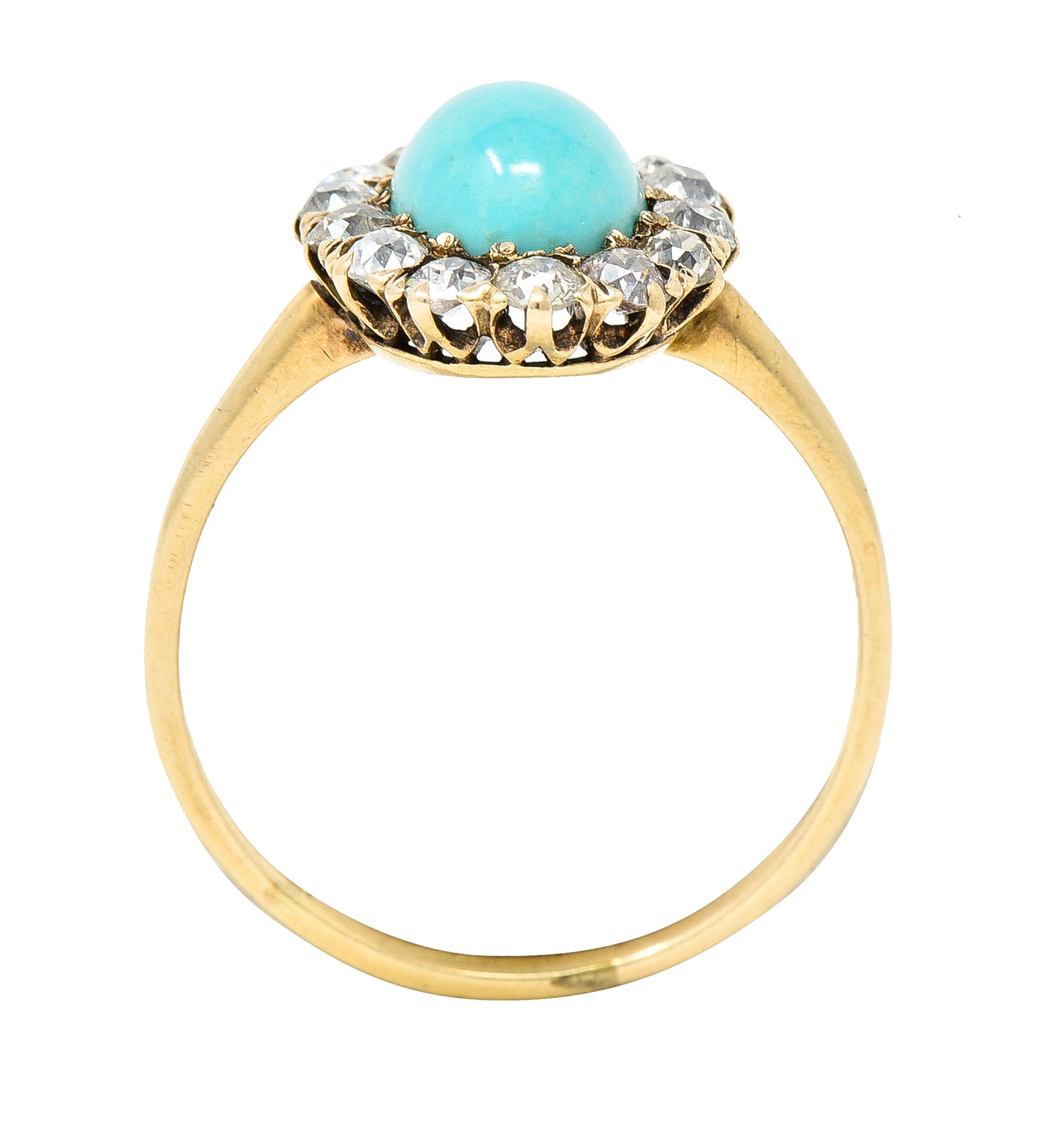 Victorian Turquoise Cabochon Old Mine Cut Diamond 14 Karat Yellow Gold Halo Ring Wilson's Estate Jewelry