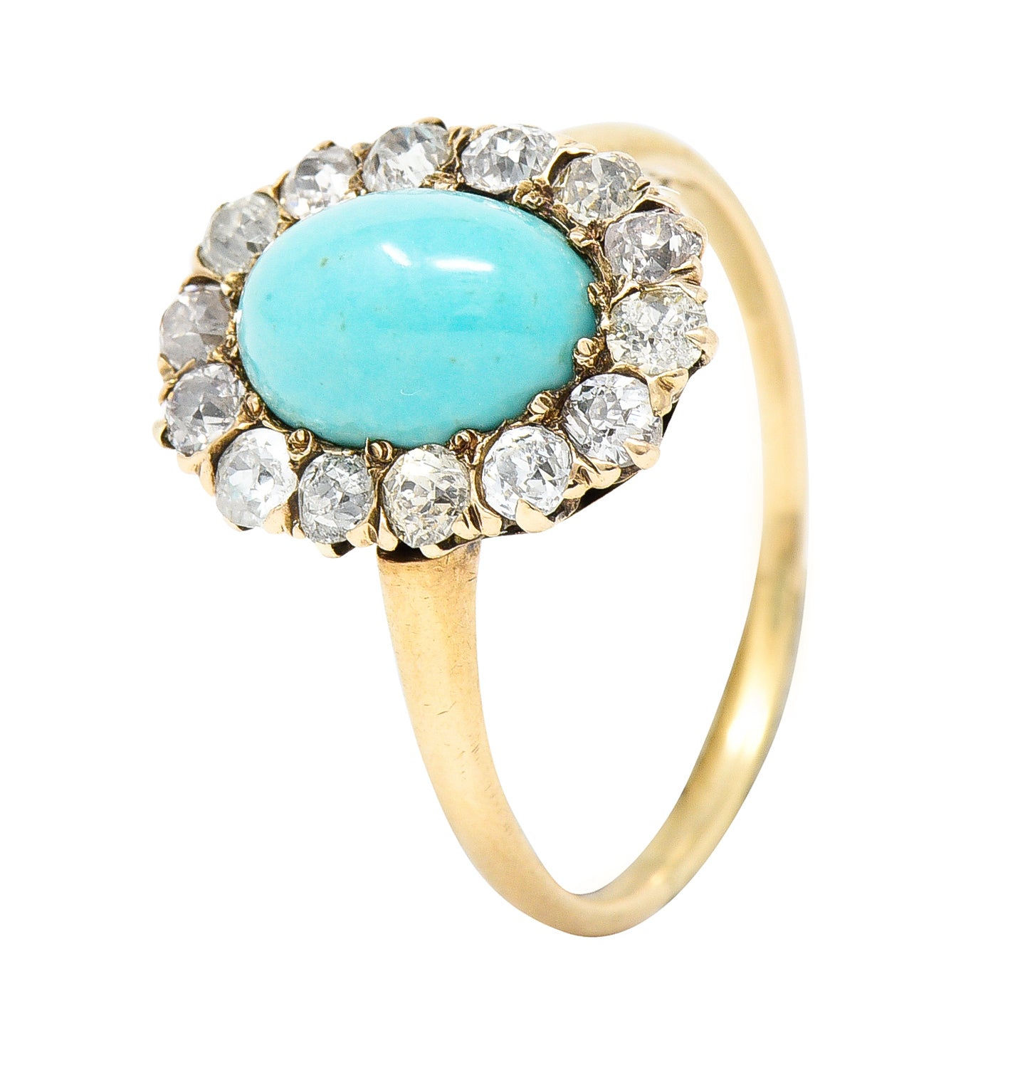 Victorian Turquoise Cabochon Old Mine Cut Diamond 14 Karat Yellow Gold Halo Ring Wilson's Estate Jewelry