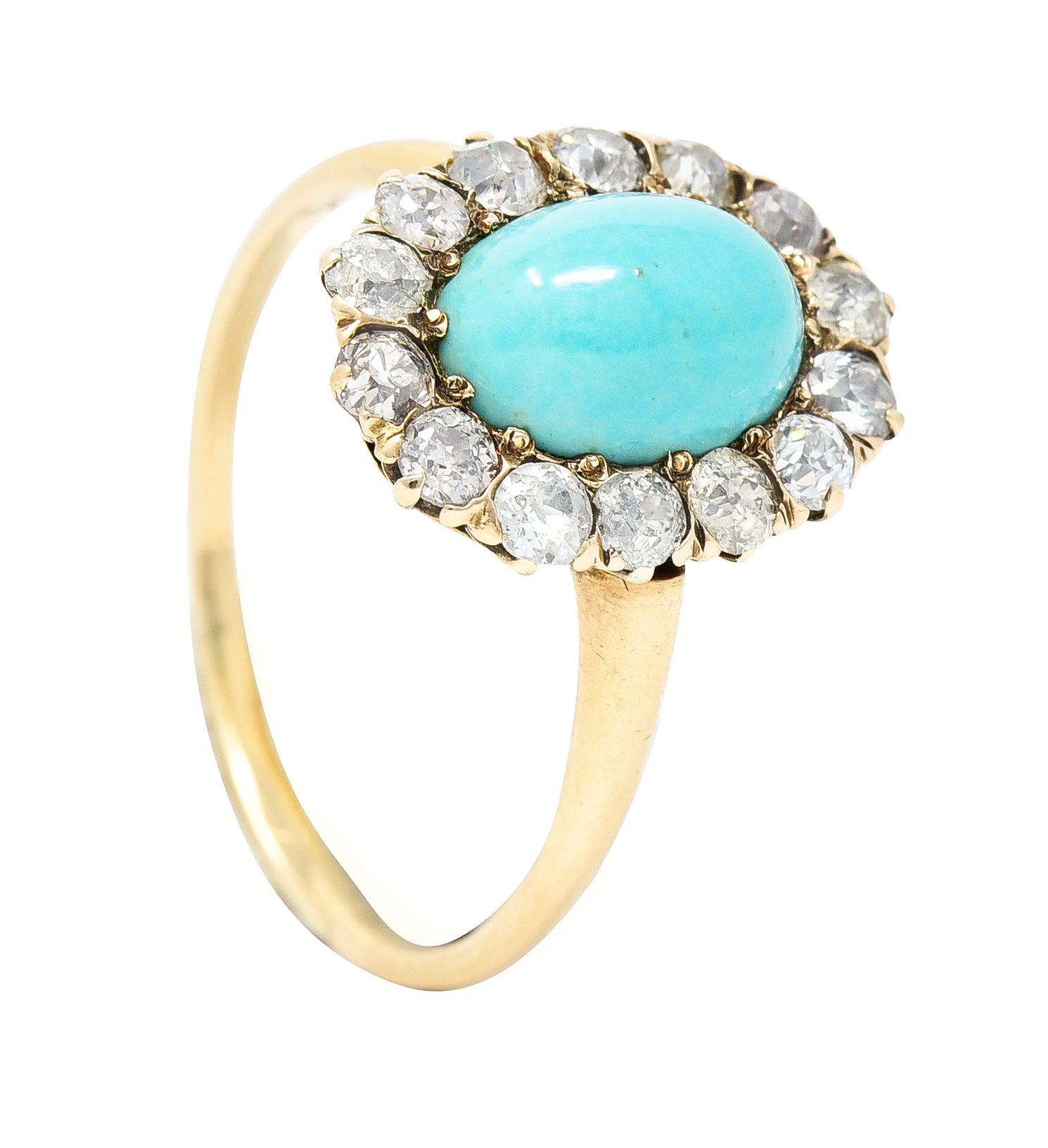 Victorian Turquoise Cabochon Old Mine Cut Diamond 14 Karat Yellow Gold Halo Ring Wilson's Estate Jewelry