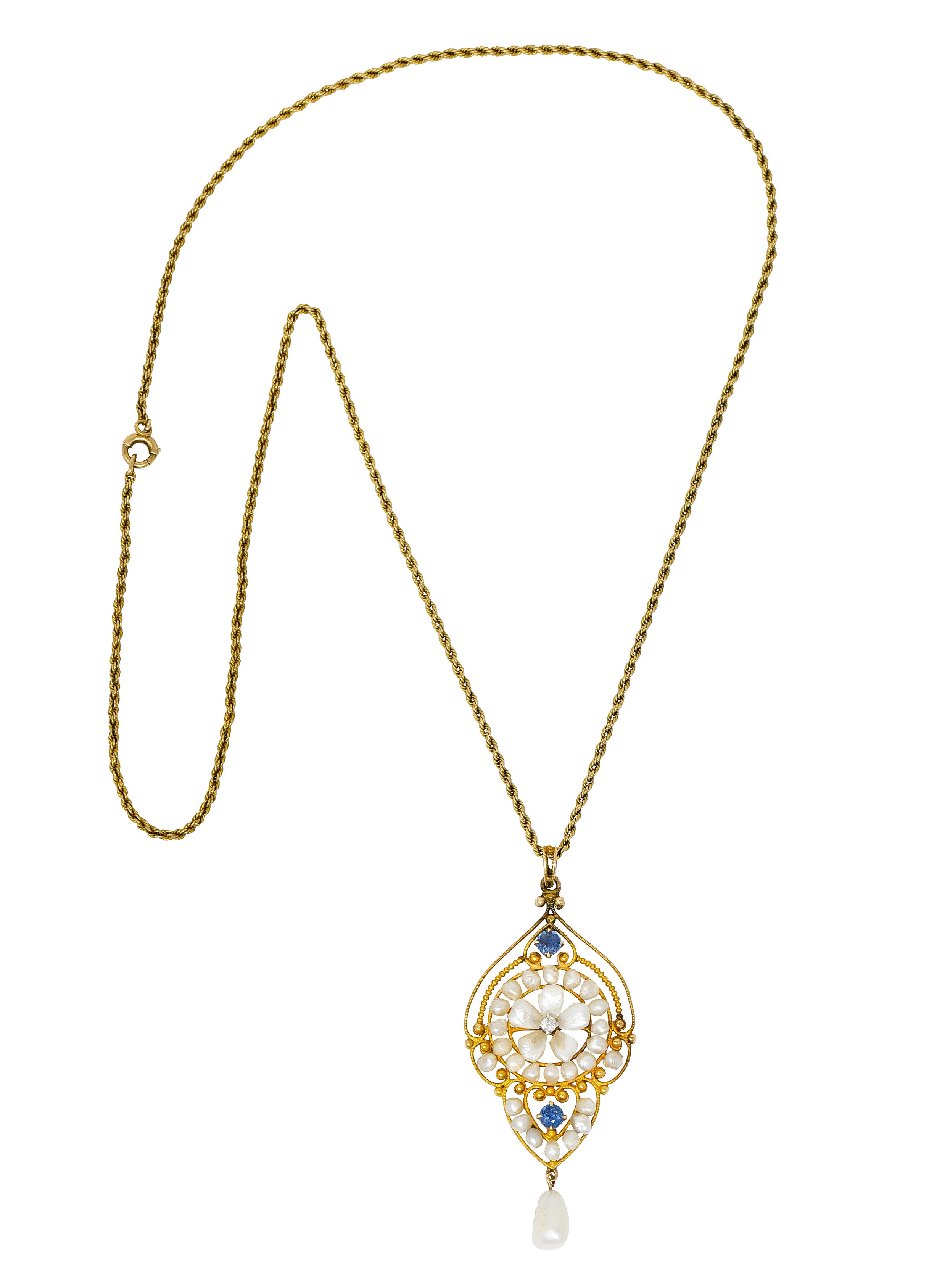 Victorian Pearl Sapphire Diamond 14 Karat Gold Floral Drop Pendant NecklaceNecklace - Wilson's Estate Jewelry