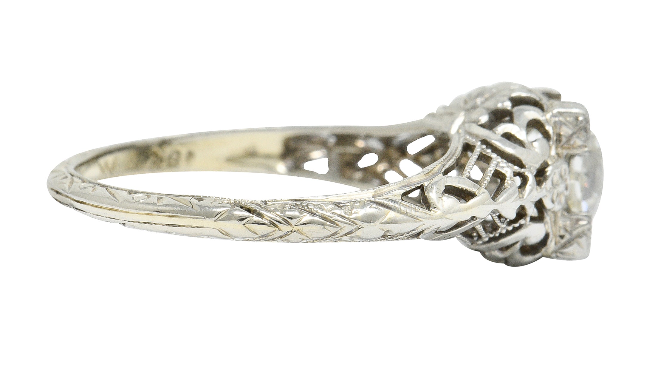 1930's Walter McKenna 1.00 CTW Diamond 18 Karat White Gold Floral Engagement RingRing - Wilson's Estate Jewelry