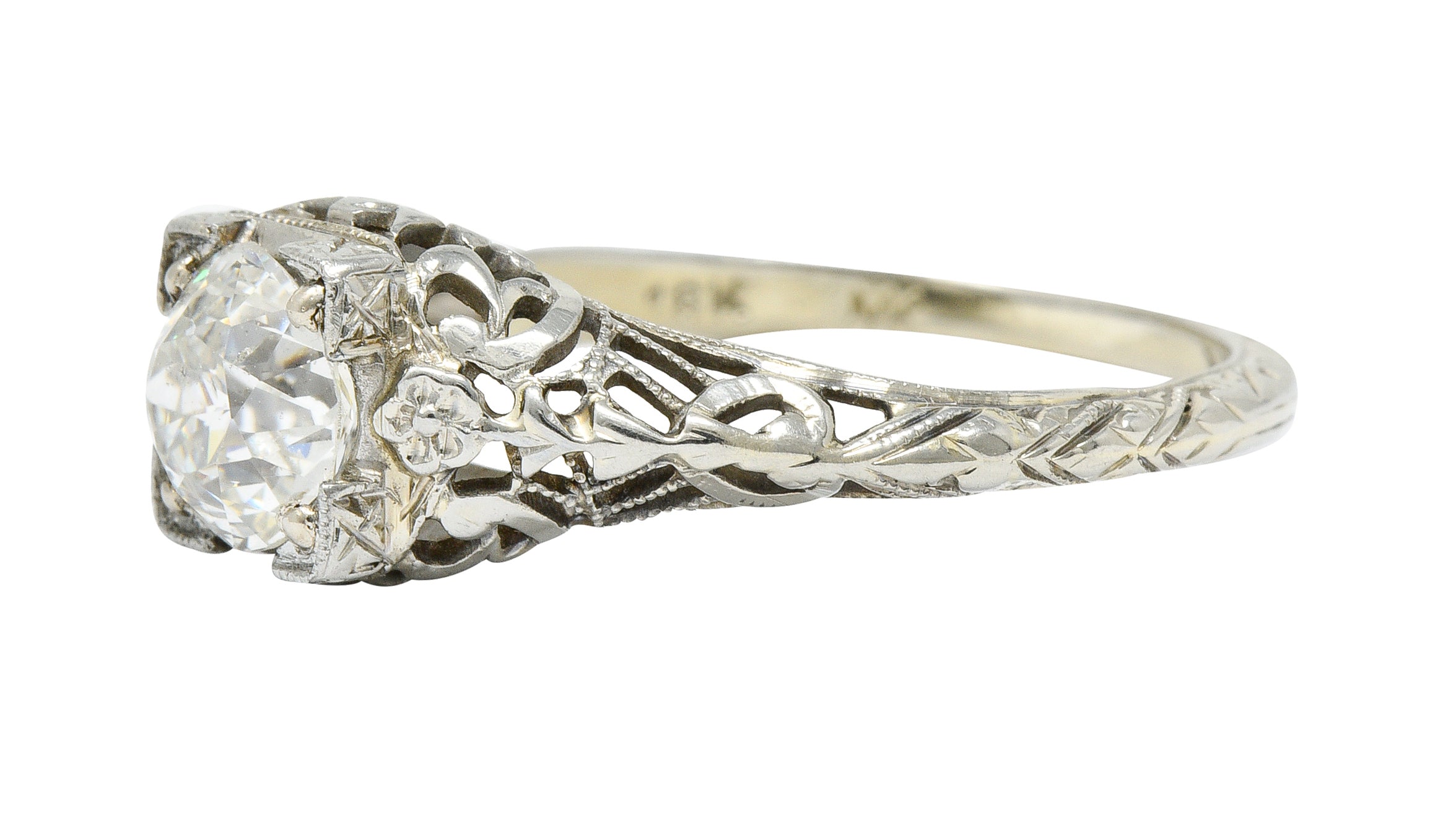 1930's Walter McKenna 1.00 CTW Diamond 18 Karat White Gold Floral Engagement RingRing - Wilson's Estate Jewelry