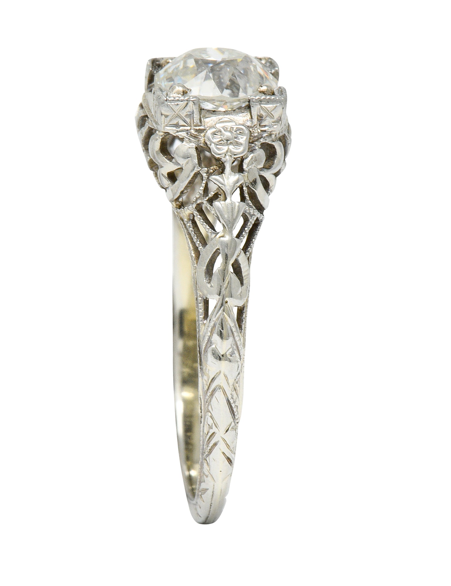 1930's Walter McKenna 1.00 CTW Diamond 18 Karat White Gold Floral Engagement RingRing - Wilson's Estate Jewelry
