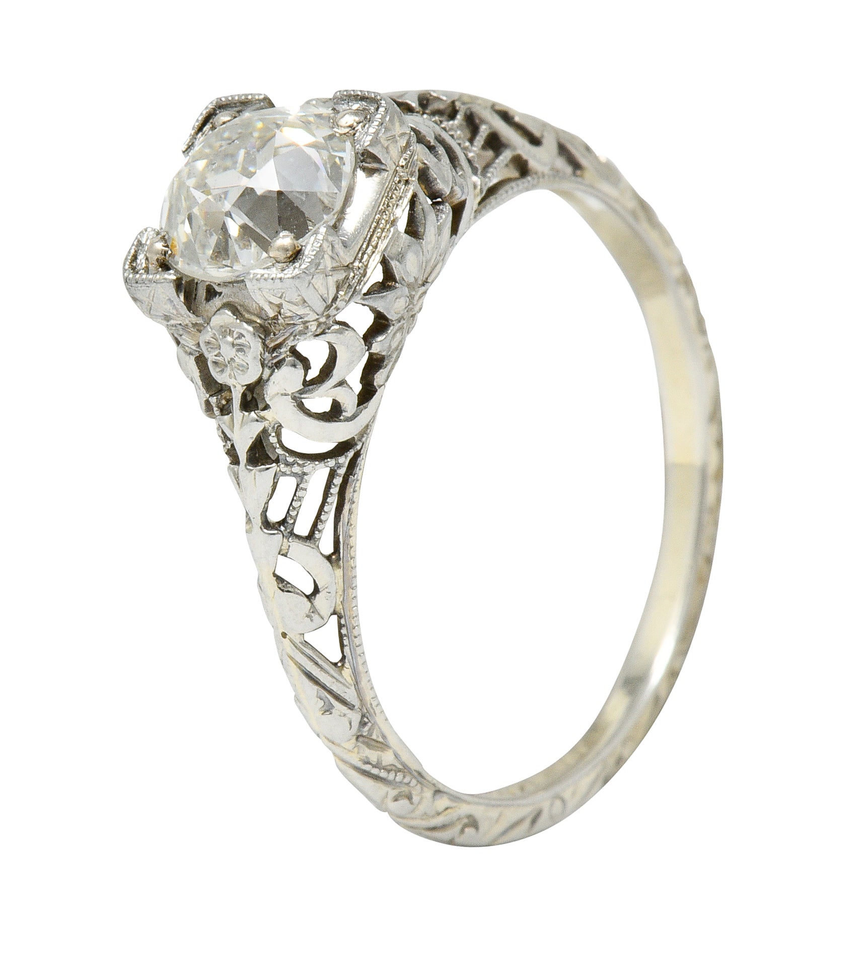1930's Walter McKenna 1.00 CTW Diamond 18 Karat White Gold Floral Engagement RingRing - Wilson's Estate Jewelry