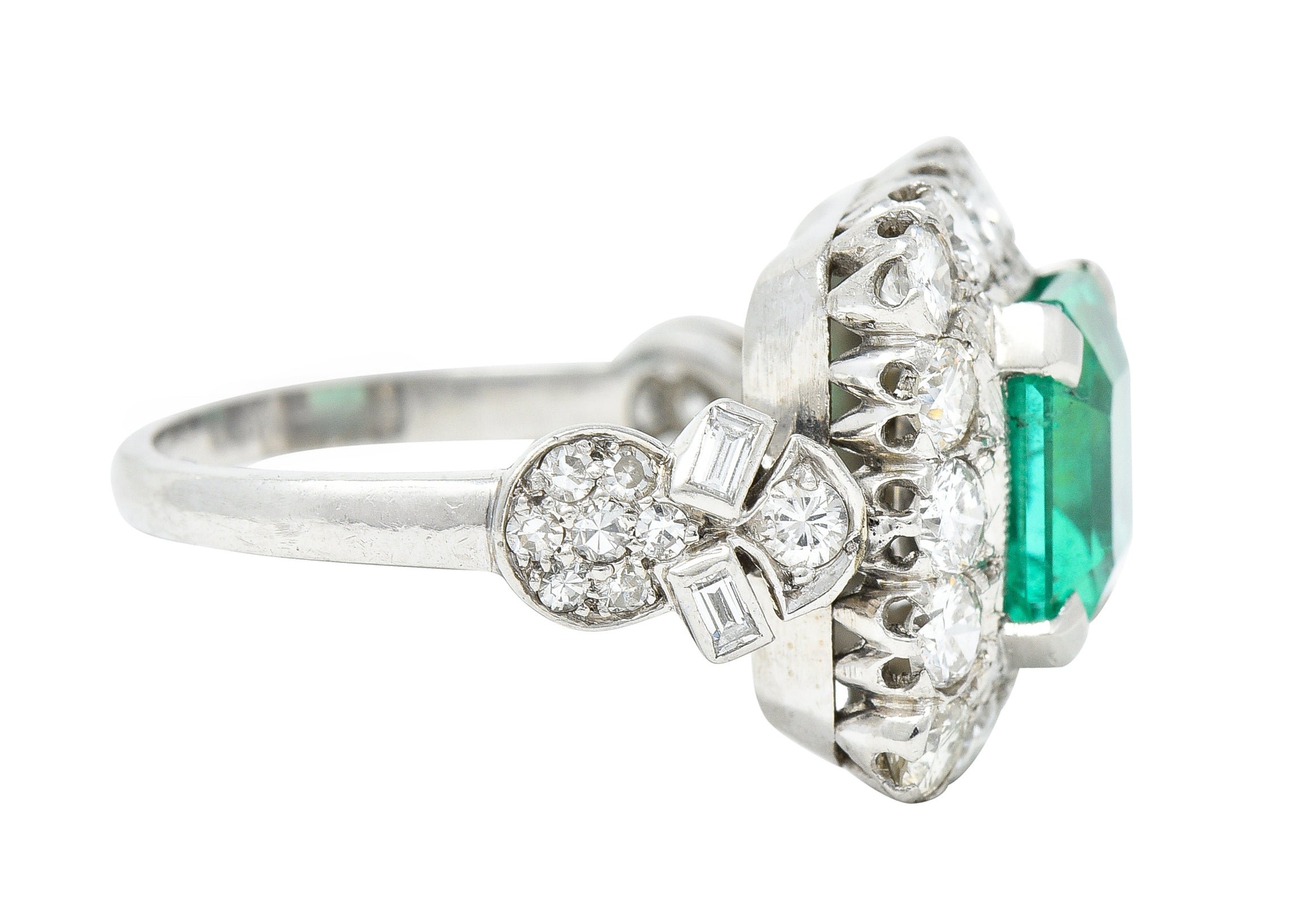 Mid-Century 5.73 CTW Colombian Emerald Transitional Cut Diamond Platinum Vintage Halo Ring GIA Wilson's Estate Jewelry