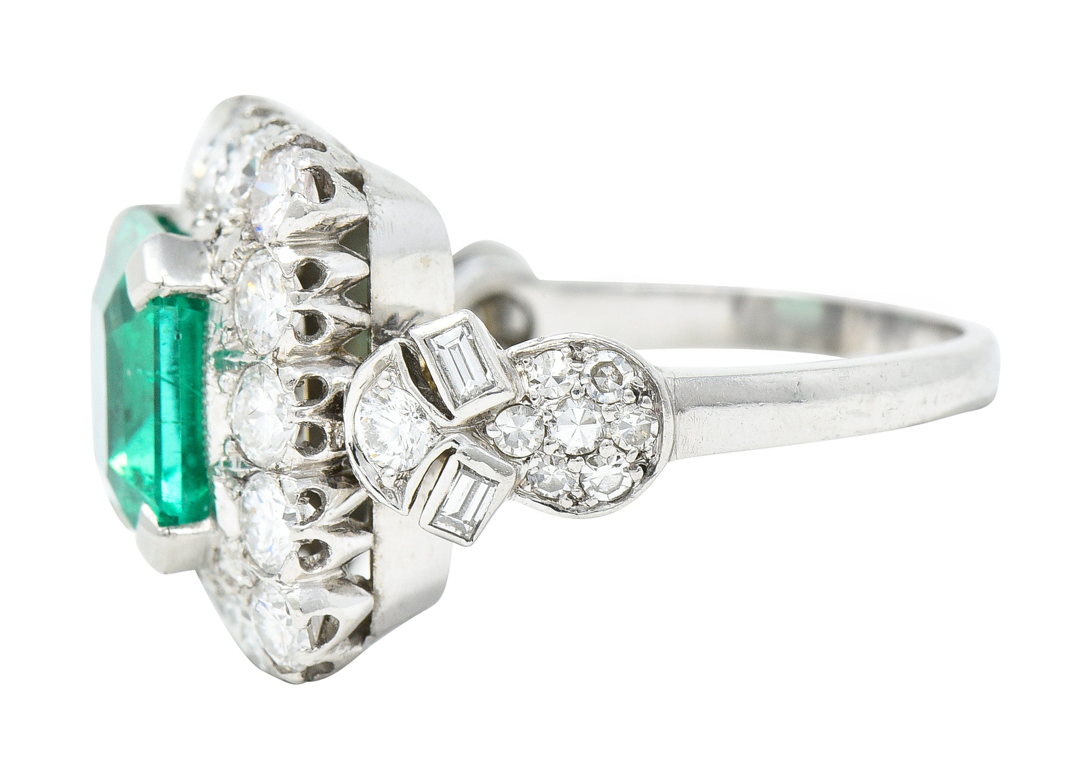 Mid-Century 5.73 CTW Colombian Emerald Transitional Cut Diamond Platinum Vintage Halo Ring GIA Wilson's Estate Jewelry