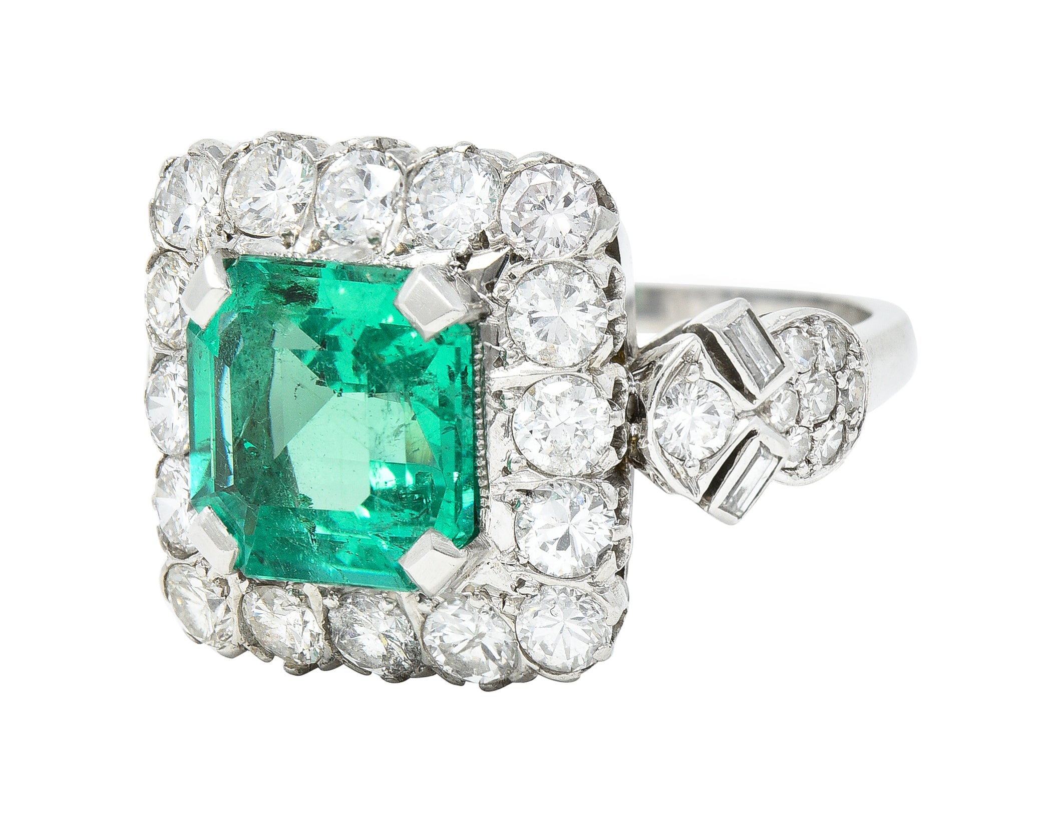 Mid-Century 5.73 CTW Colombian Emerald Transitional Cut Diamond Platinum Vintage Halo Ring GIA Wilson's Estate Jewelry