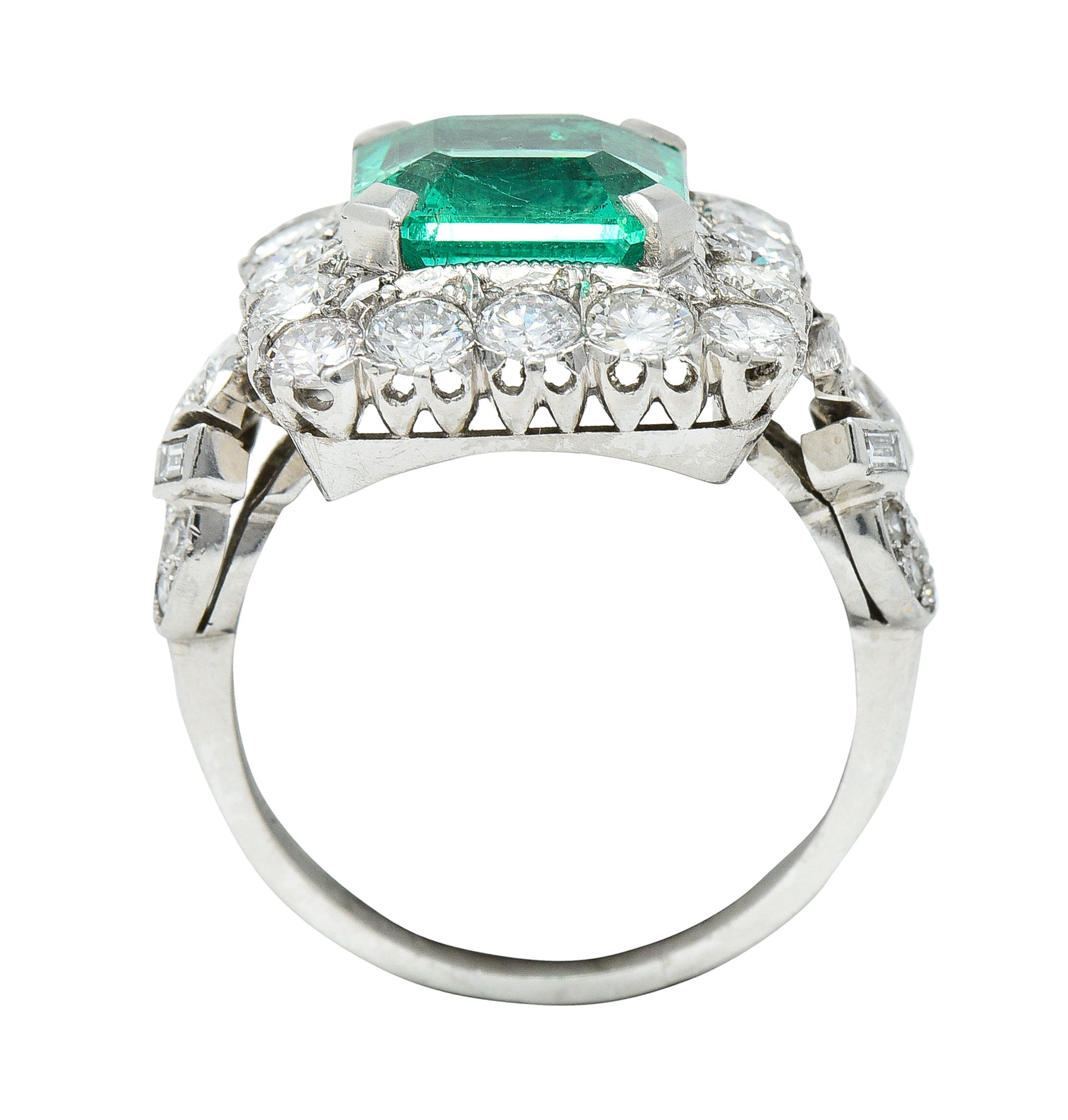Mid-Century 5.73 CTW Colombian Emerald Transitional Cut Diamond Platinum Vintage Halo Ring GIA Wilson's Estate Jewelry