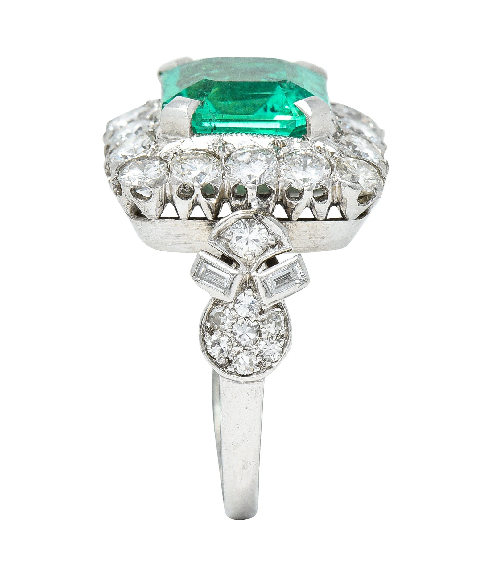 Mid-Century 5.73 CTW Colombian Emerald Transitional Cut Diamond Platinum Vintage Halo Ring GIA Wilson's Estate Jewelry