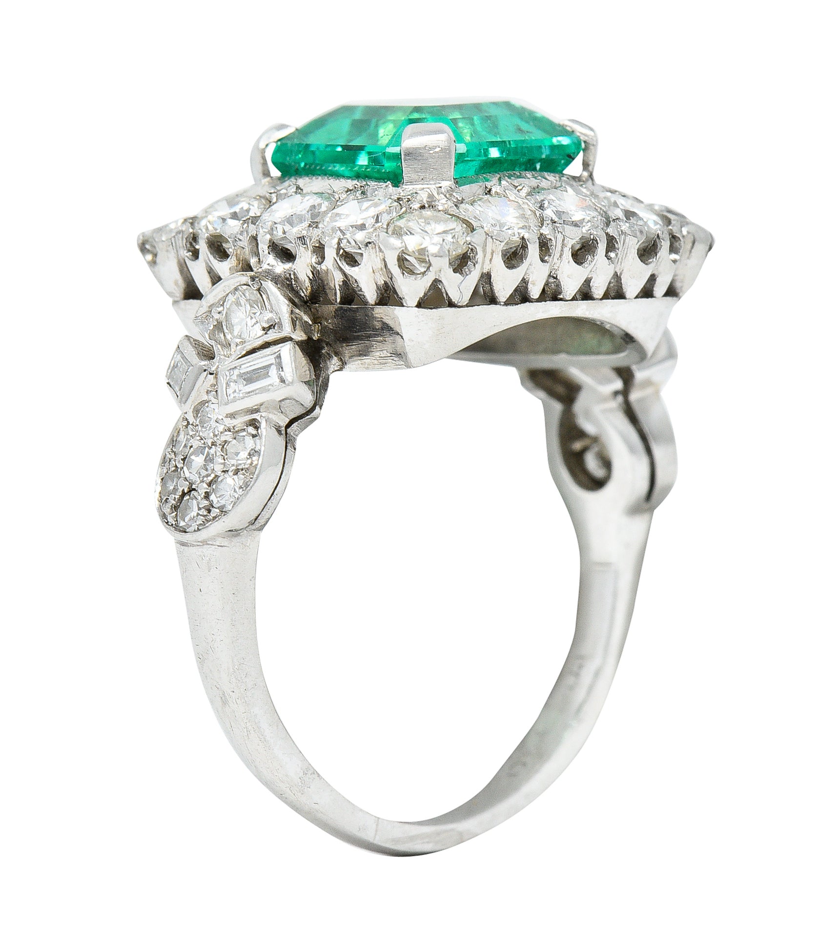 Mid-Century 5.73 CTW Colombian Emerald Transitional Cut Diamond Platinum Vintage Halo Ring GIA Wilson's Estate Jewelry