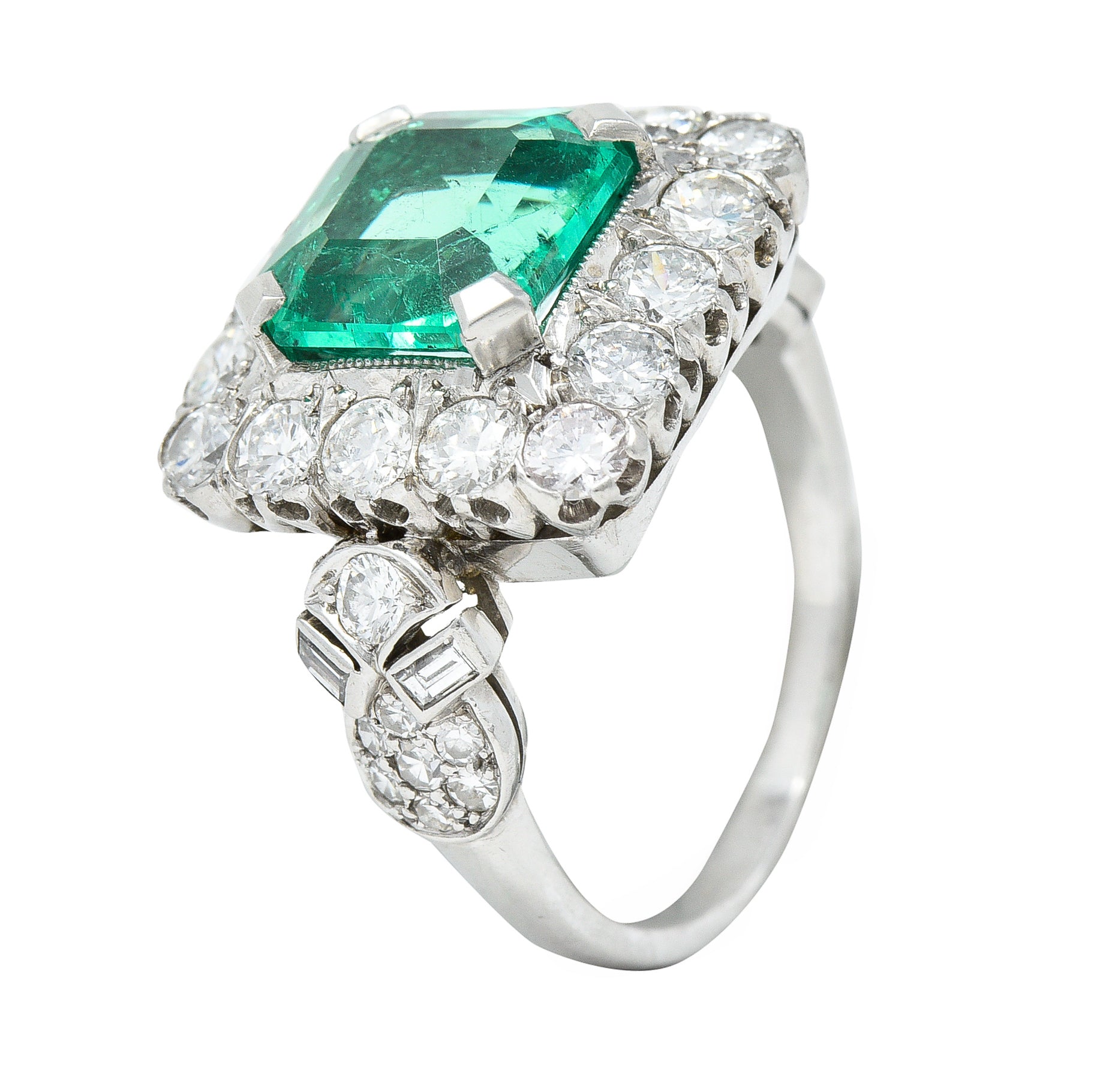 Mid-Century 5.73 CTW Colombian Emerald Transitional Cut Diamond Platinum Vintage Halo Ring GIA Wilson's Estate Jewelry