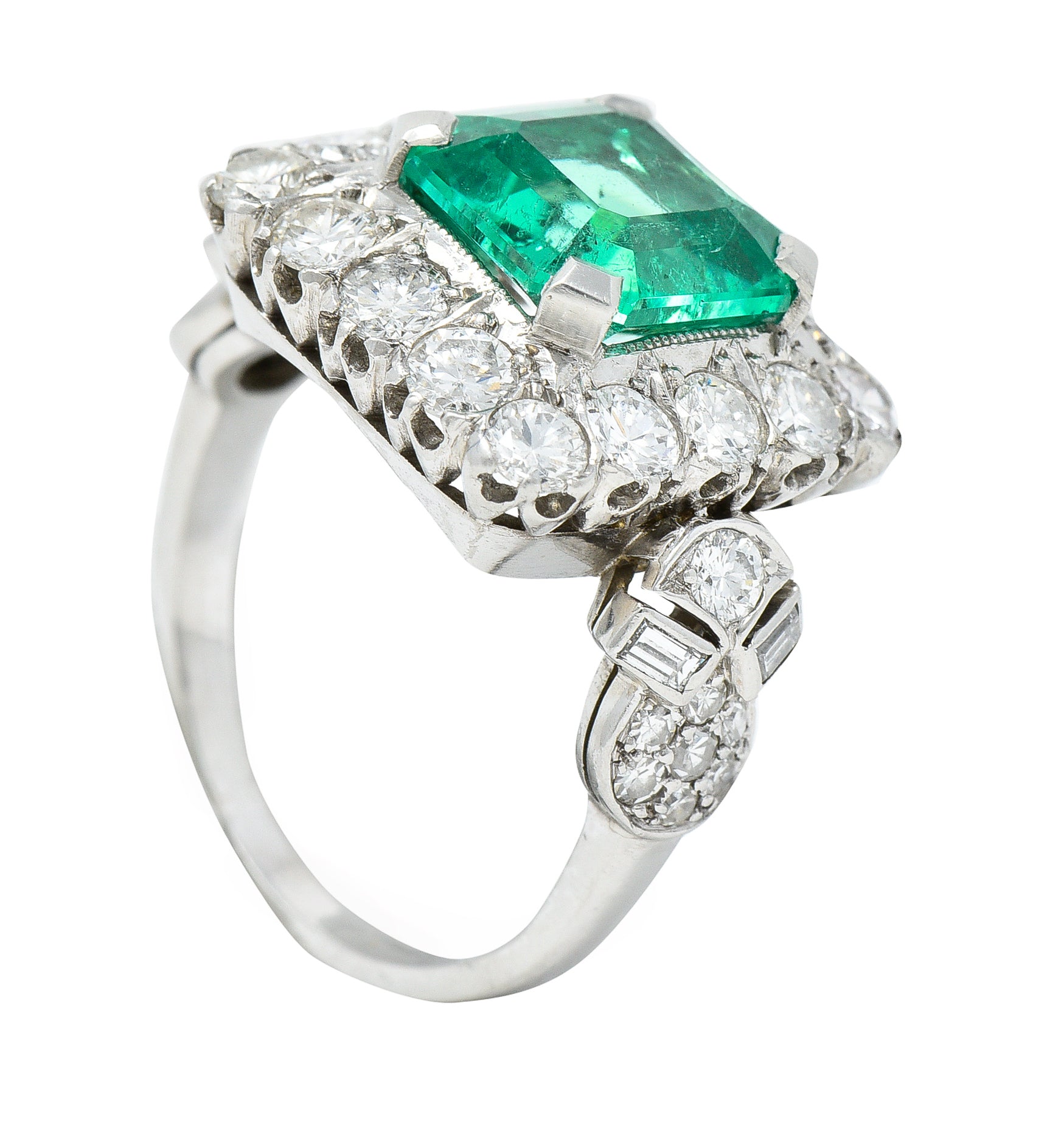 Mid-Century 5.73 CTW Colombian Emerald Transitional Cut Diamond Platinum Vintage Halo Ring GIA Wilson's Estate Jewelry