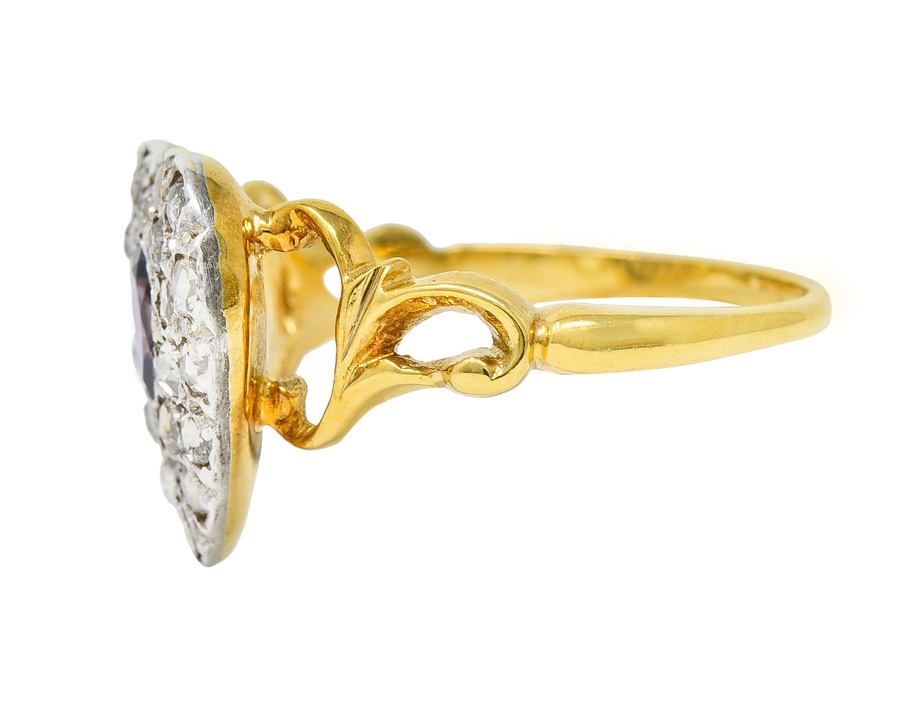 Art Nouveau 0.74 CTW Diamond Amethyst Silver 14 Karat Gold Antique Heart Ring