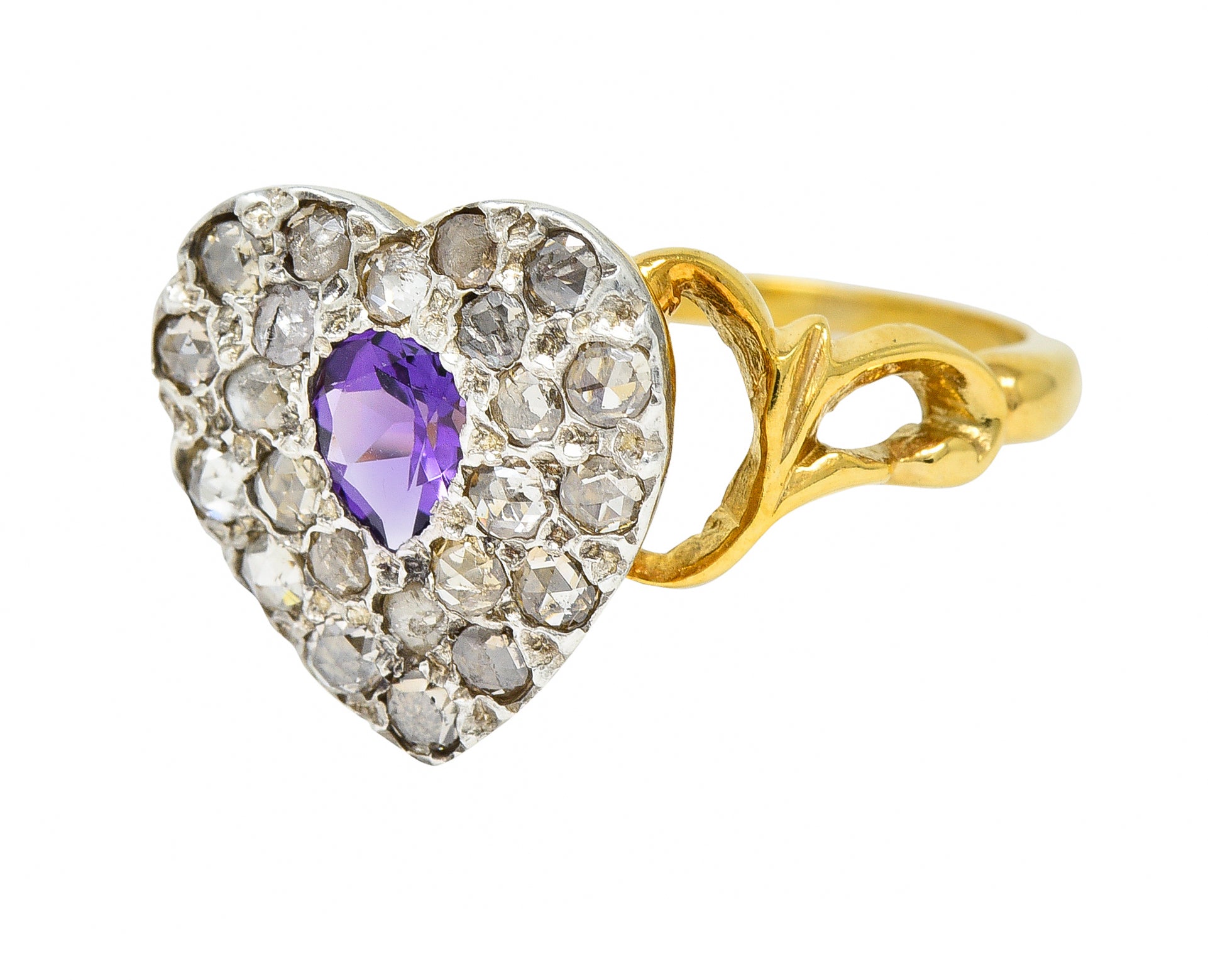 Art Nouveau 0.74 CTW Diamond Amethyst Silver 14 Karat Gold Antique Heart Ring