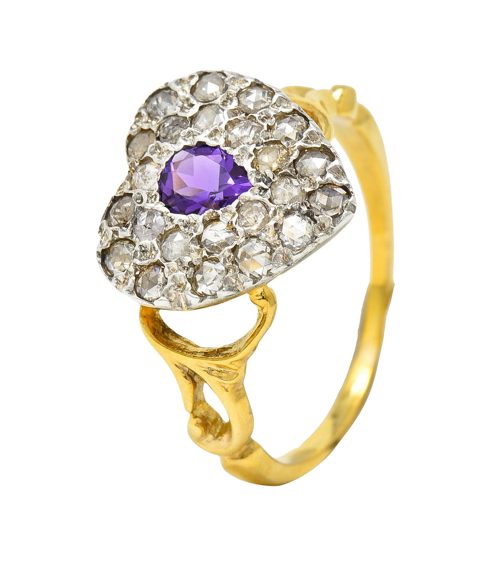 Art Nouveau 0.74 CTW Diamond Amethyst Silver 14 Karat Gold Antique Heart Ring