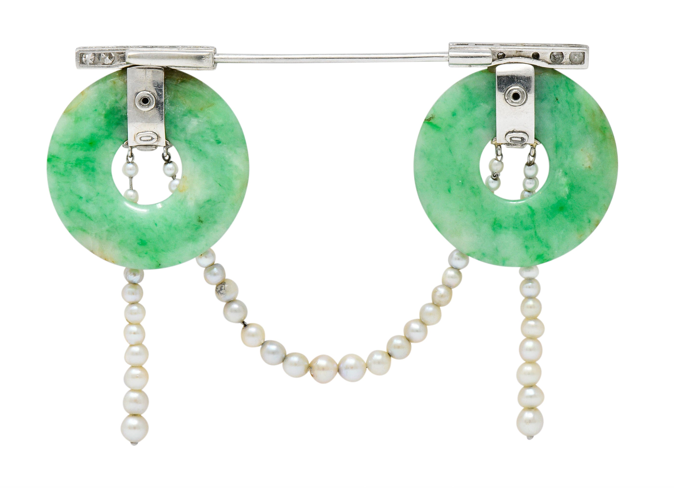 Art Deco Jade Pearl 1.44 CTW Diamond Platinum Bi Jabot BroochBrooch - Wilson's Estate Jewelry