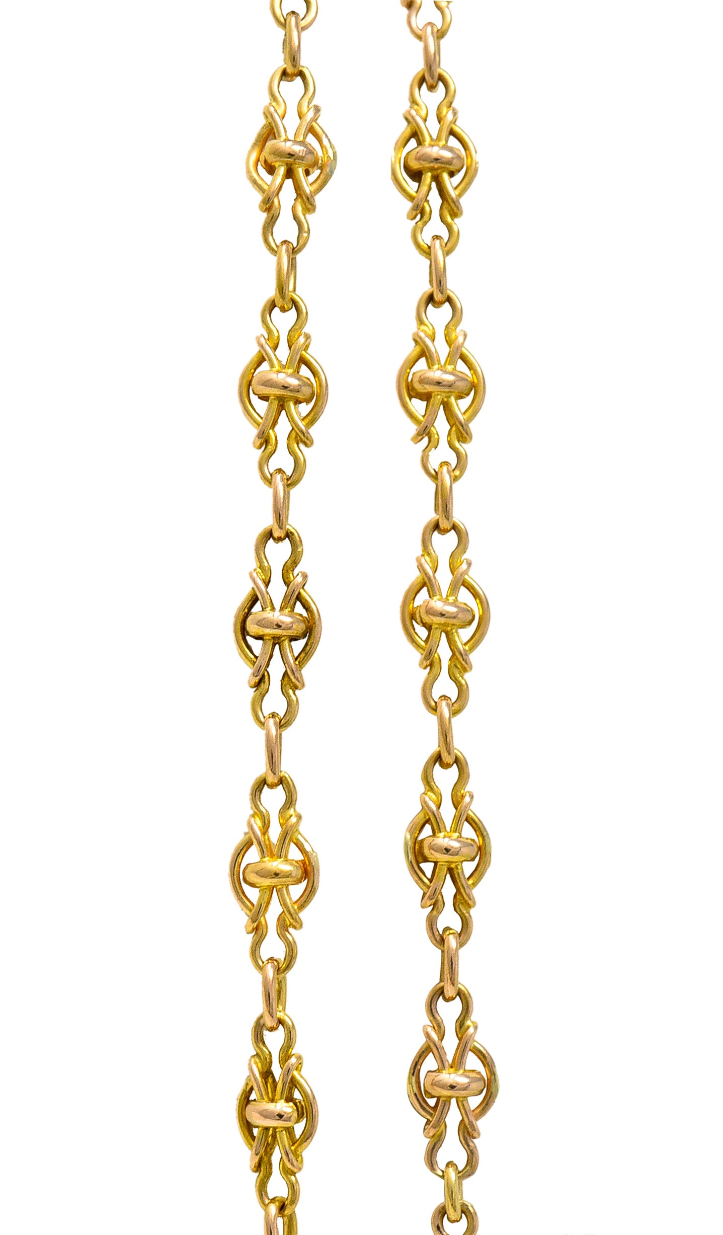 French Victorian 18 Karat Yellow Gold Knot Navette Chain Link 55 Inch Long Antique Necklace Wilson's Estate Jewelry