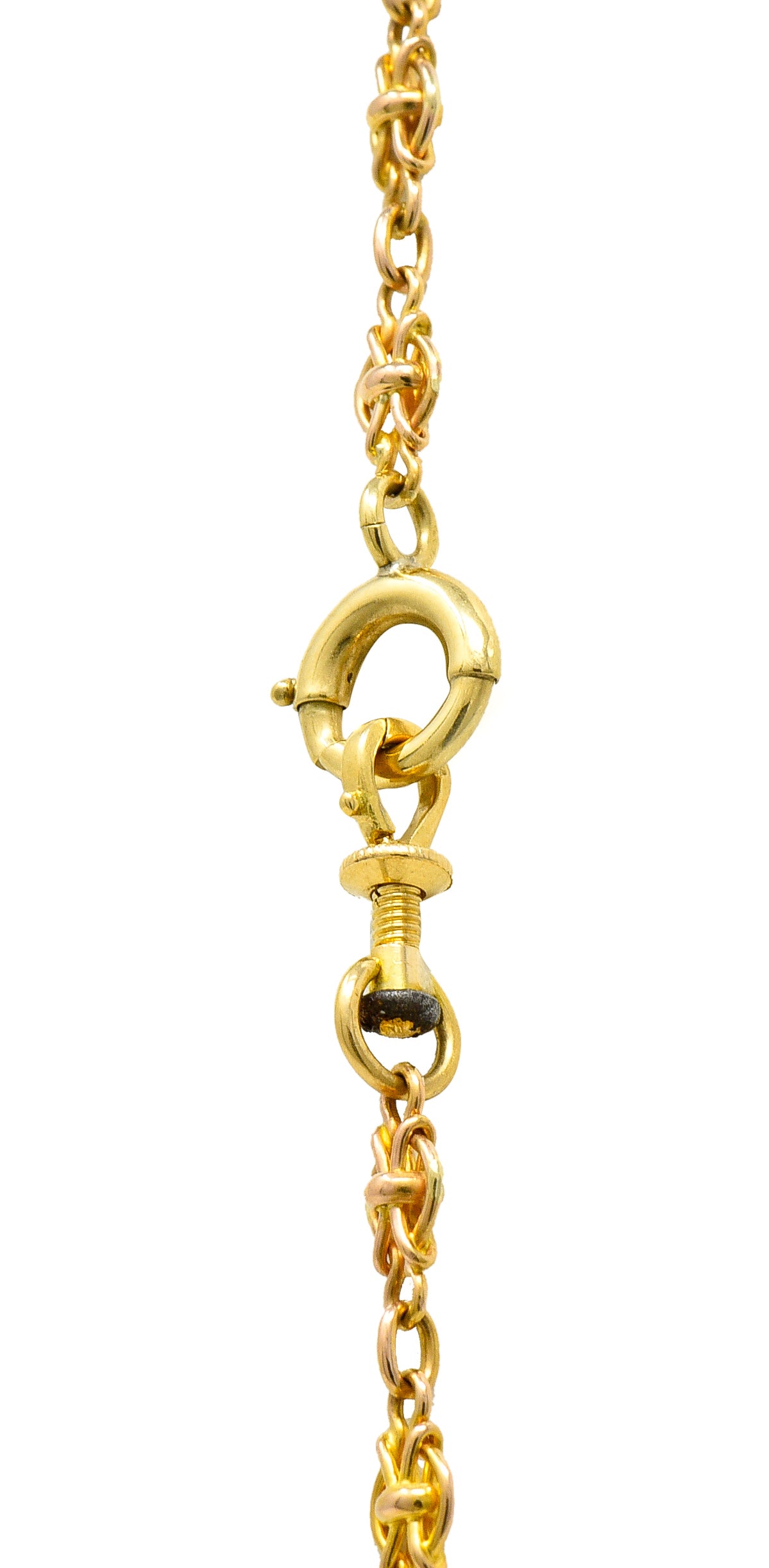 French Victorian 18 Karat Yellow Gold Knot Navette Chain Link 55 Inch Long Antique Necklace Wilson's Estate Jewelry