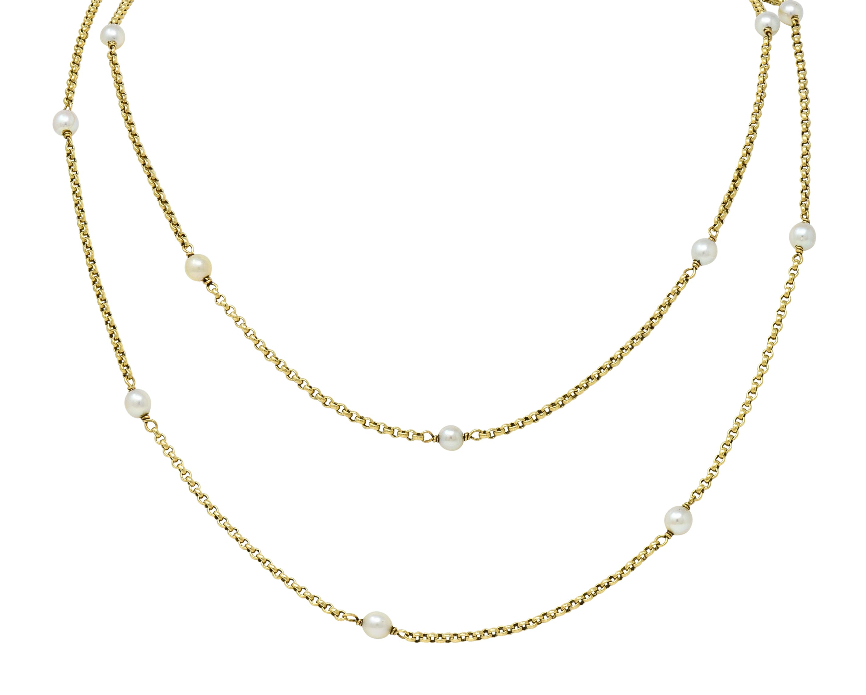 Victorian Pearl 14 Karat Gold 47 Inch Long Chain Station Necklace - Wilson's Estate Jewelry