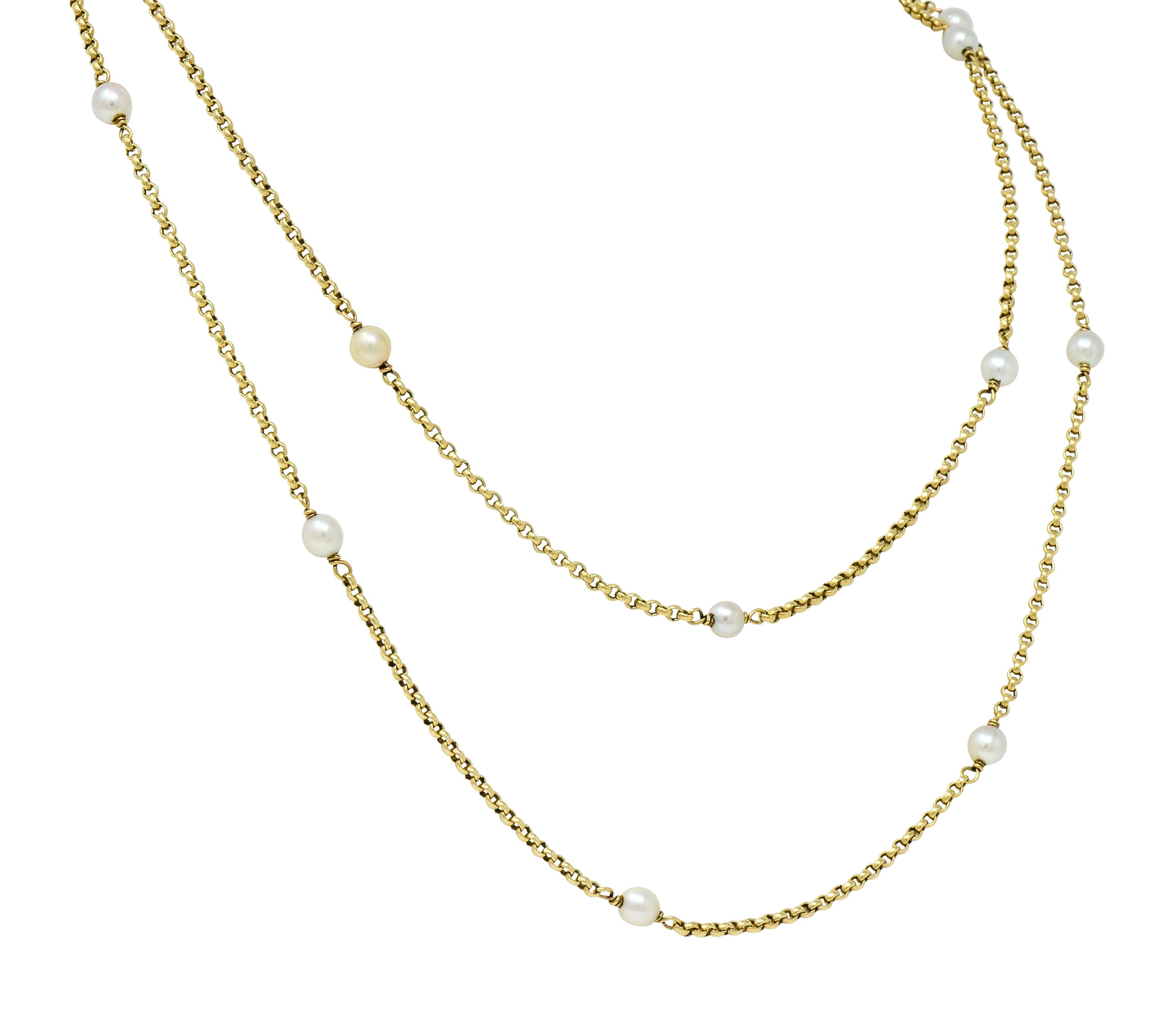 Victorian Pearl 14 Karat Gold 47 Inch Long Chain Station Necklace - Wilson's Estate Jewelry
