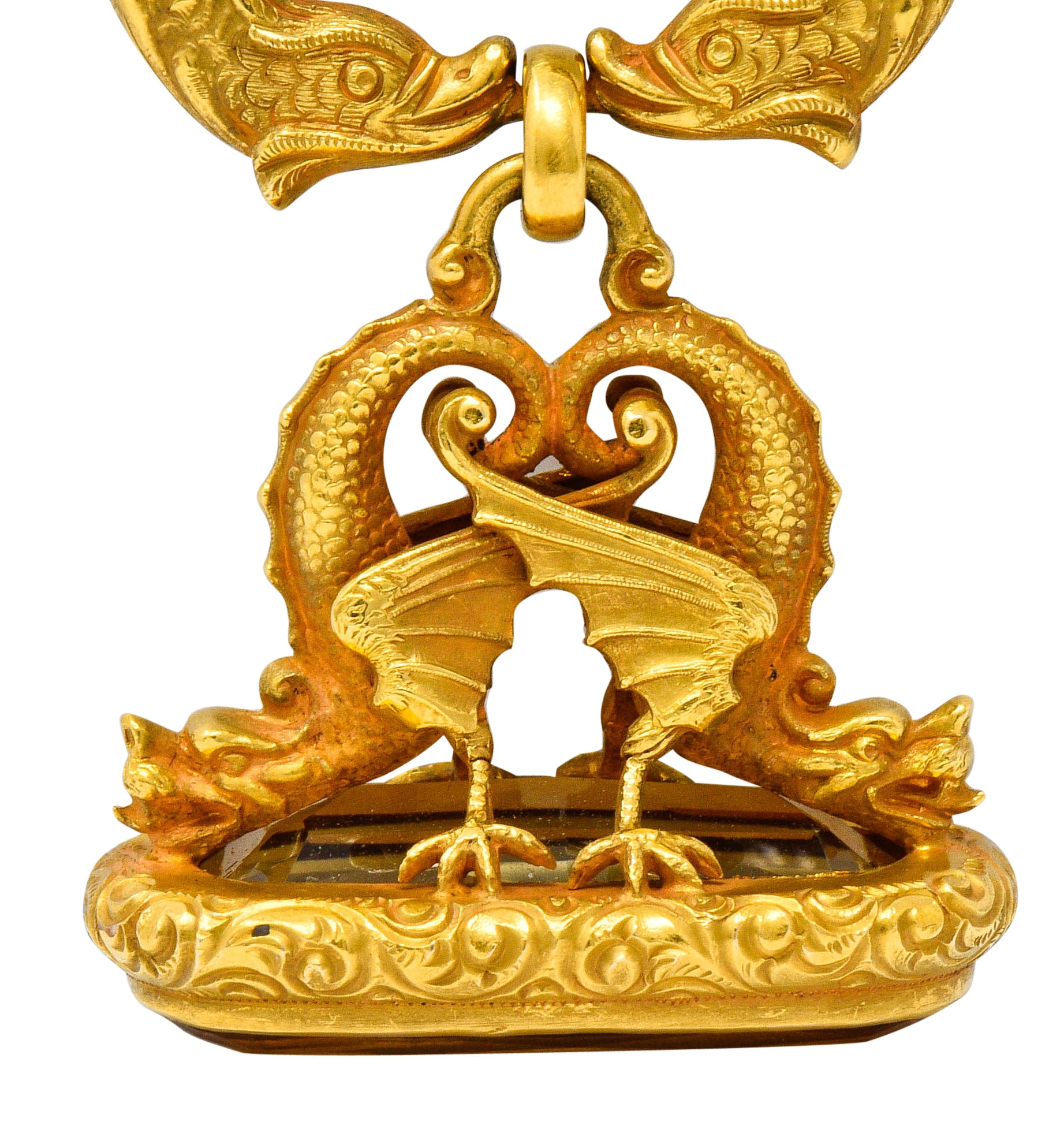 Art Nouveau Citrine 14 Karat Gold Sea Serpent Dragon Fob PendantNecklace - Wilson's Estate Jewelry