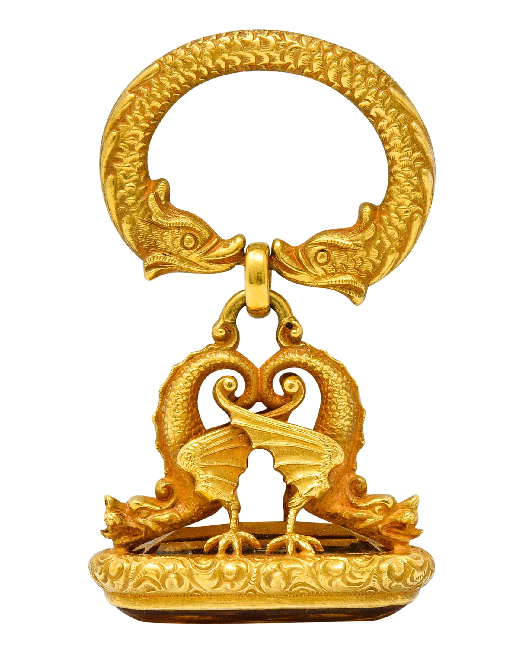 Art Nouveau Citrine 14 Karat Gold Sea Serpent Dragon Fob PendantNecklace - Wilson's Estate Jewelry