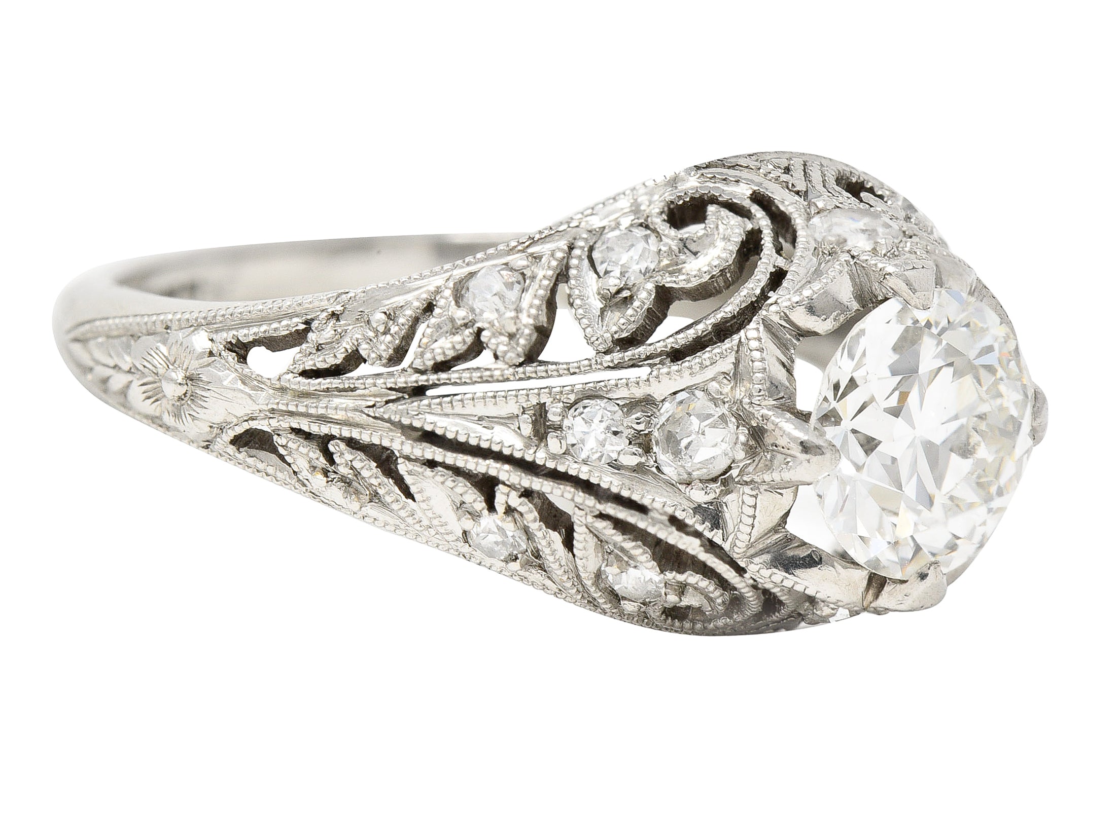 Edwardian 1.06 CTW Old European Cut Diamond Platinum Ivy Antique Engagement Ring Wilson's Estate Jewelry