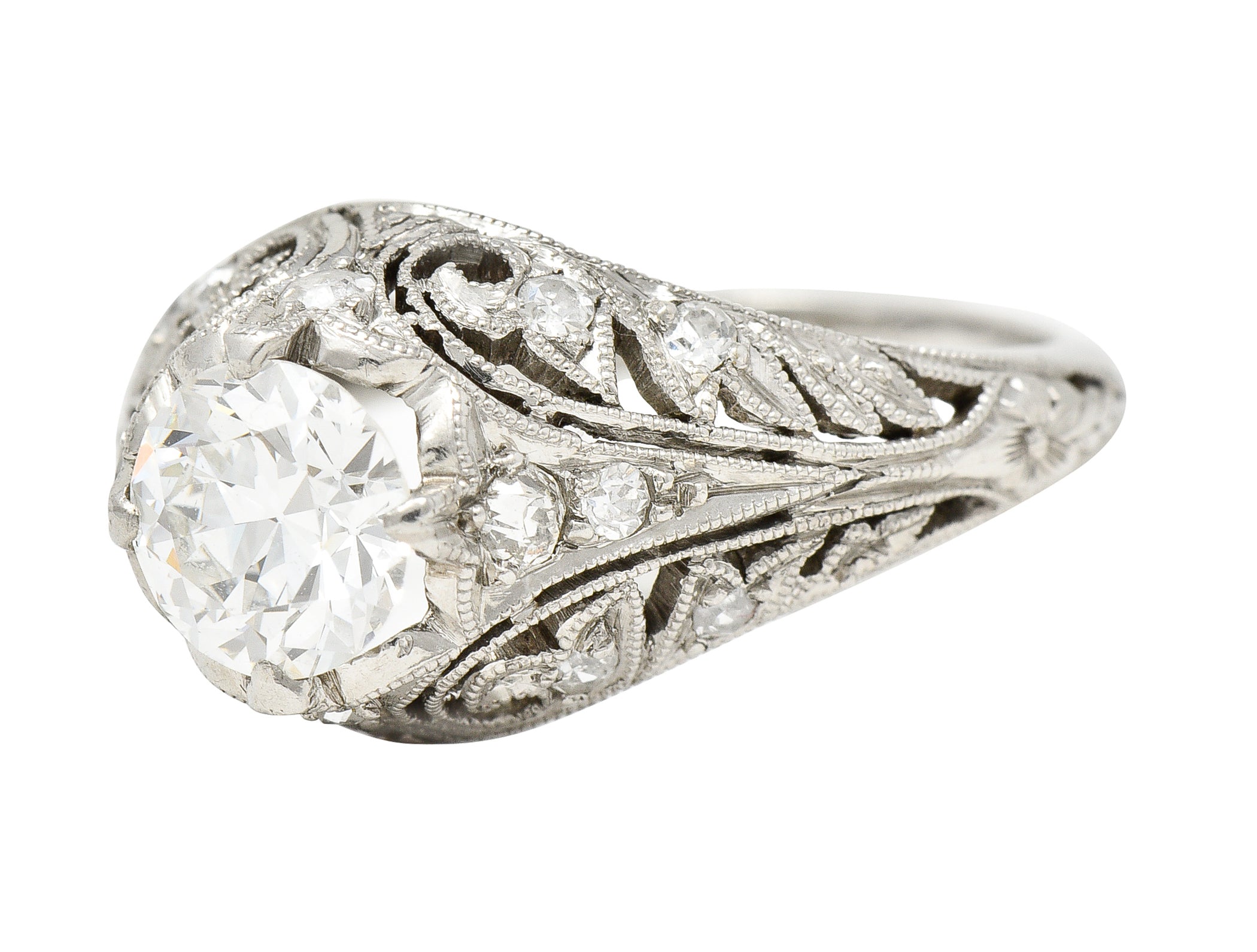 Edwardian 1.06 CTW Old European Cut Diamond Platinum Ivy Antique Engagement Ring Wilson's Estate Jewelry