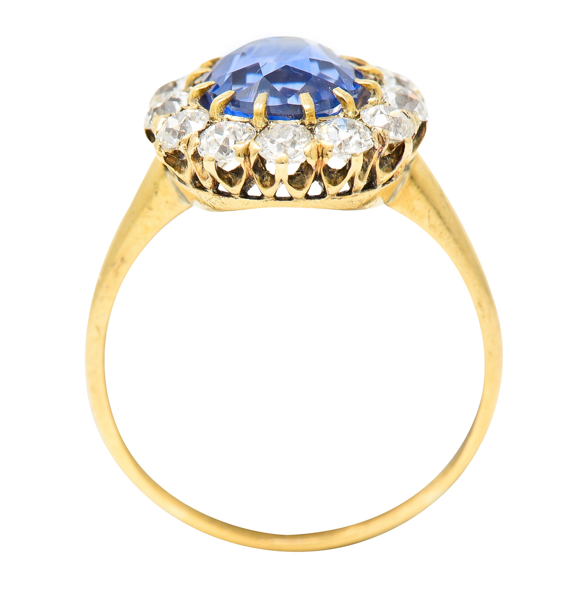 Victorian 3.95 CTW No-Heat Ceylon Sapphire Old Mine Cut Diamond 14 Karat Yellow Gold Antique Halo Gemstone Ring GIA Wilson's Estate Jewelry