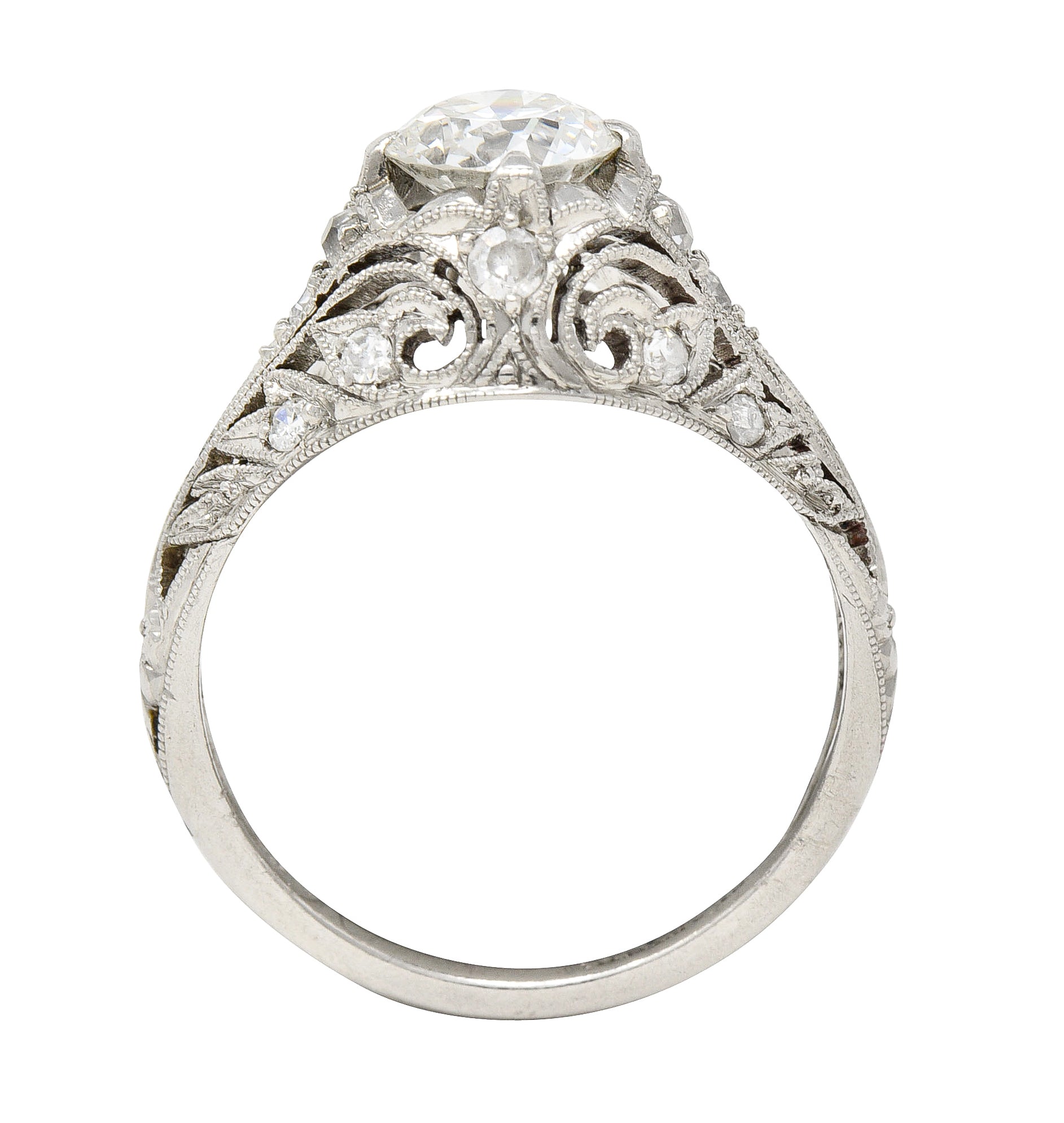Edwardian 1.06 CTW Old European Cut Diamond Platinum Ivy Antique Engagement Ring Wilson's Estate Jewelry