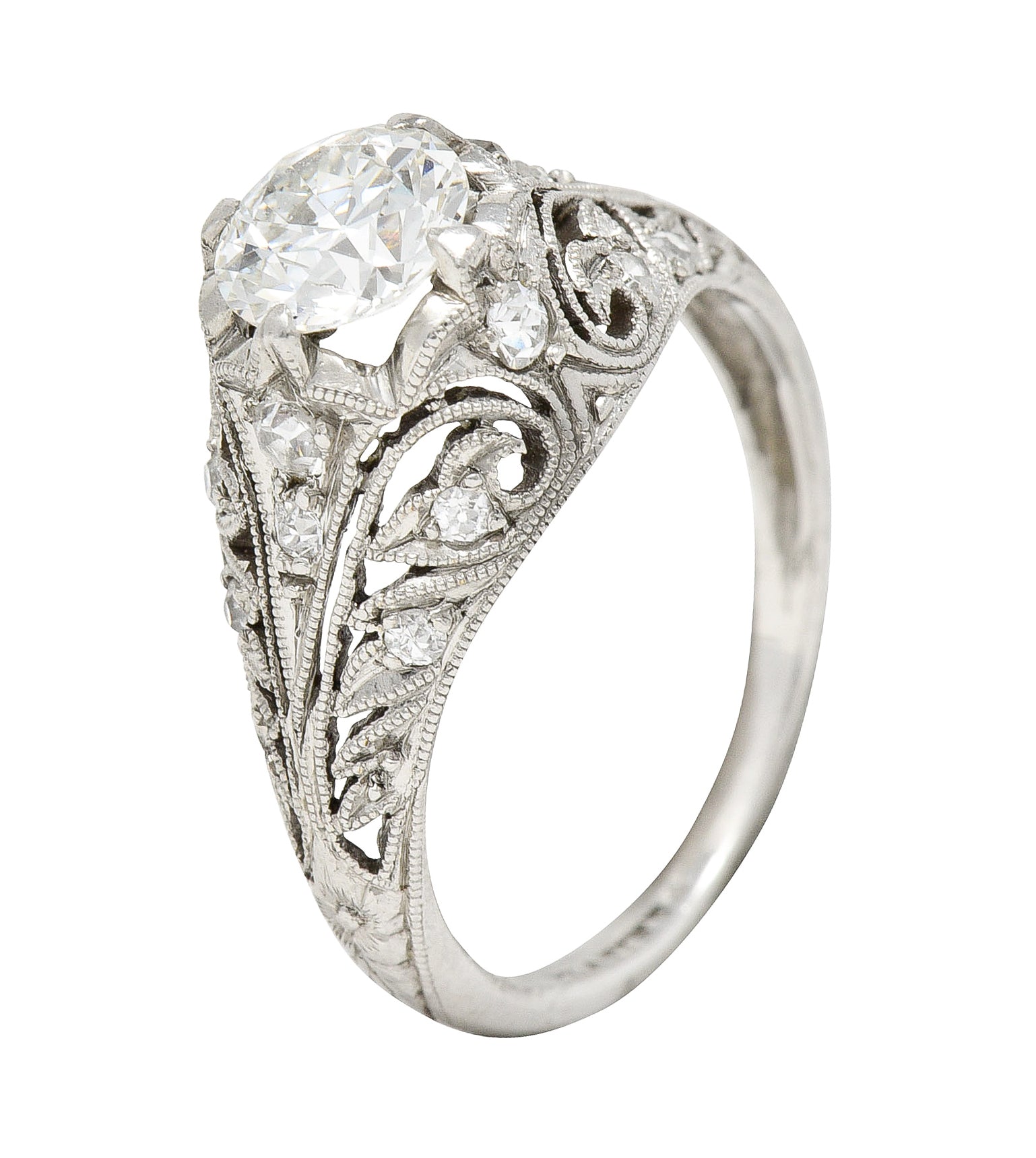 Edwardian 1.06 CTW Old European Cut Diamond Platinum Ivy Antique Engagement Ring Wilson's Estate Jewelry