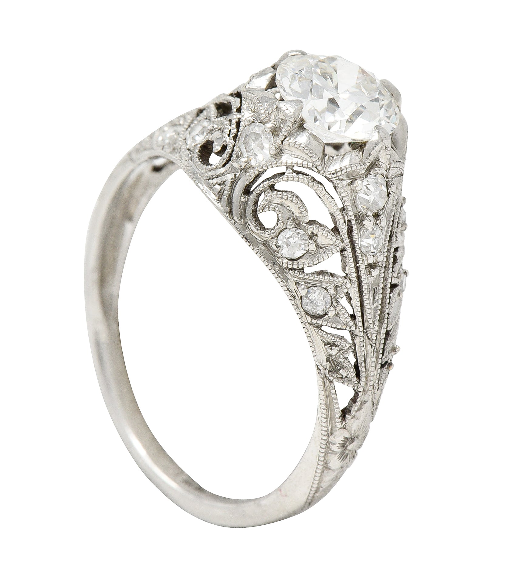 Edwardian 1.06 CTW Old European Cut Diamond Platinum Ivy Antique Engagement Ring Wilson's Estate Jewelry