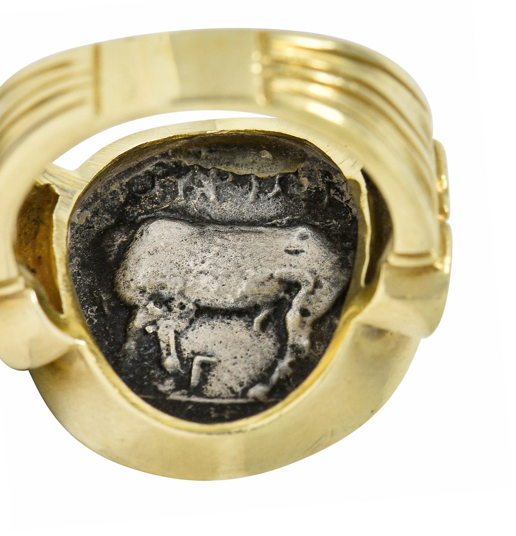 1970's Vintage Ancient Coin 18 Karat Gold Athena & Bull RingRing - Wilson's Estate Jewelry