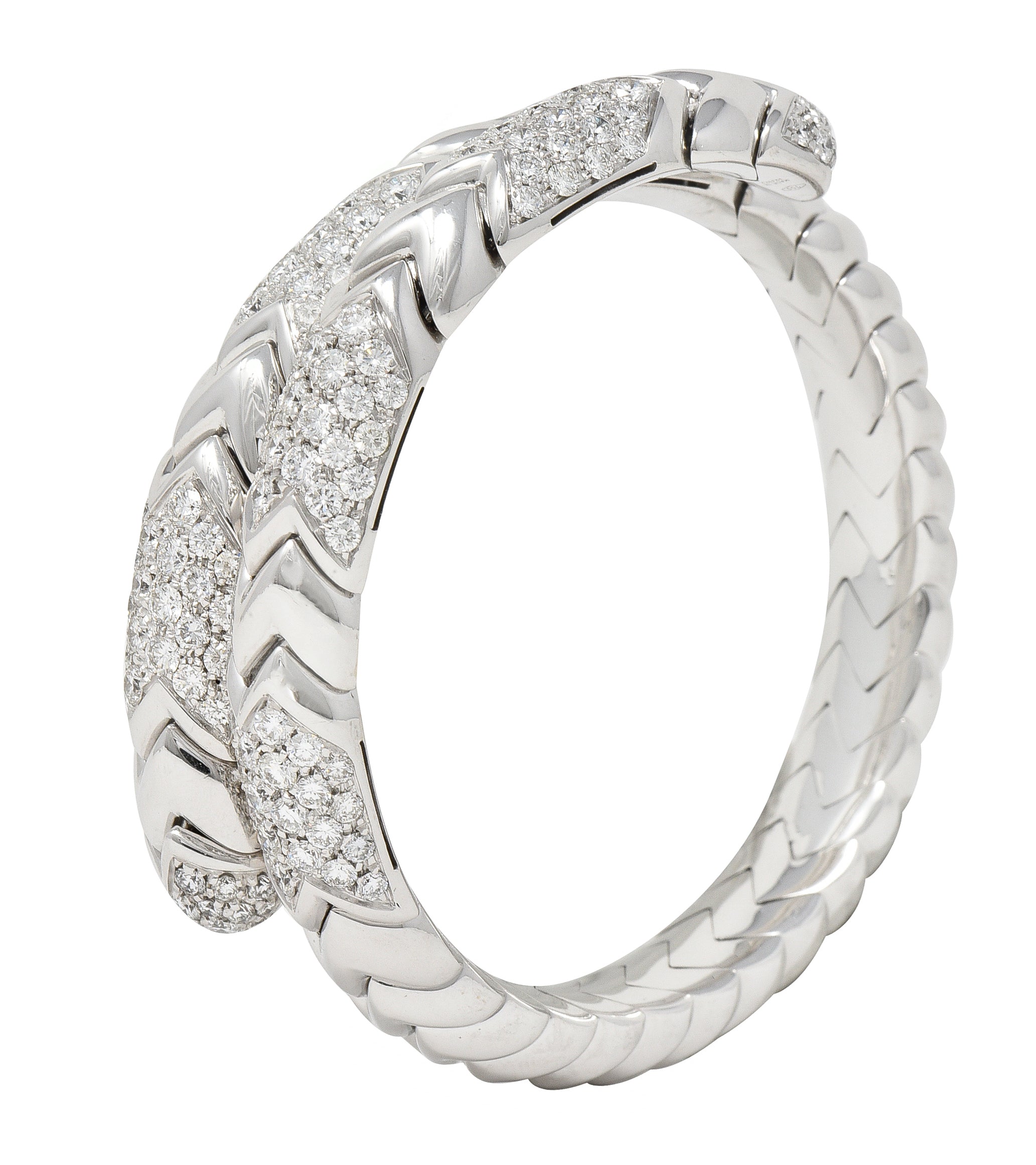 Bulgari French 6.50 CTW Diamond 18 Karat White Gold Spiga Serpenti Wrap Cuff Bracelet Wilson's Estate Jewelry