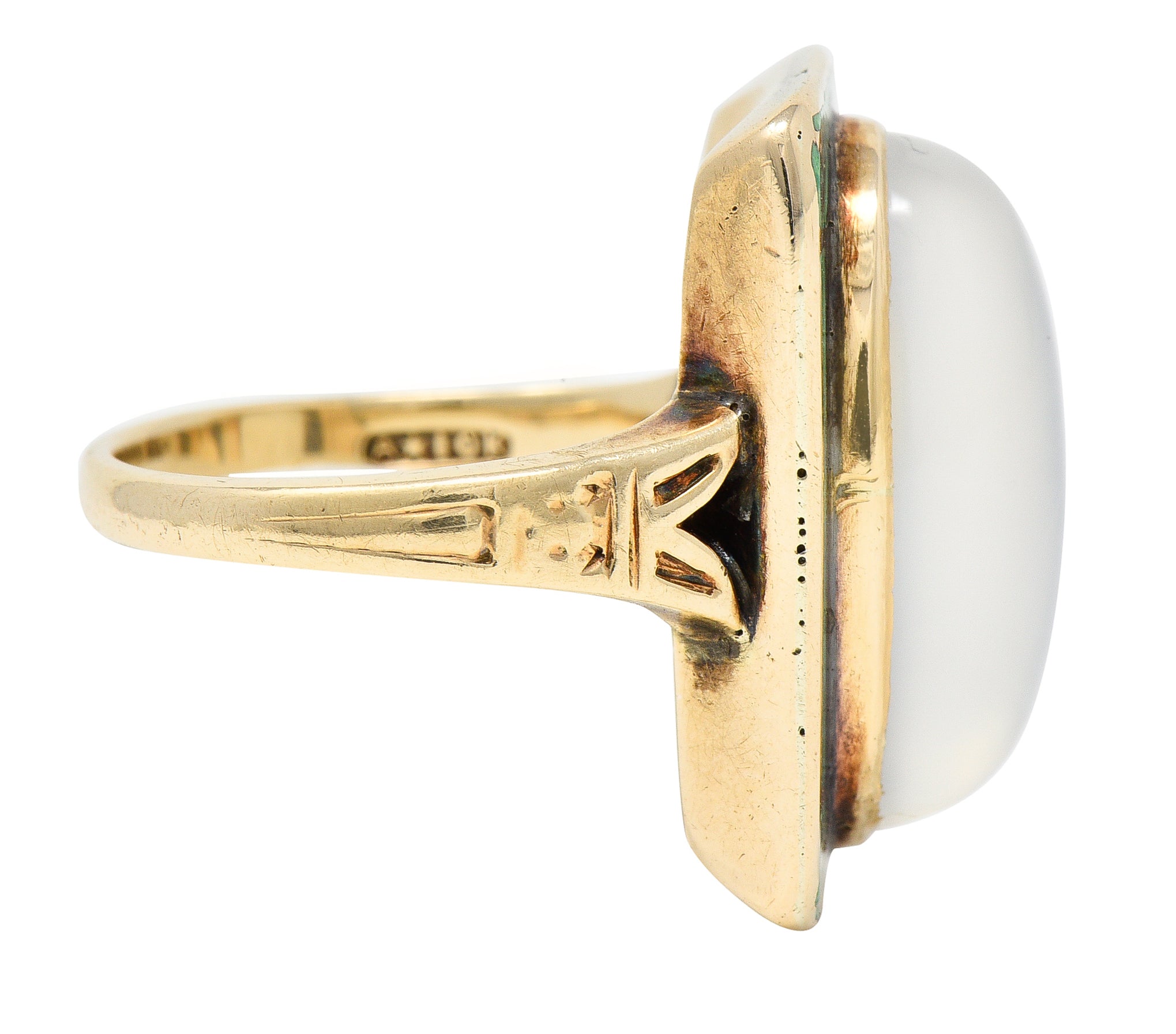 Allsop Bros. Art Nouveau Moonstone Cabochon Enamel 10 Karat Yellow Gold Antique Gemstone Ring Wilson's Estate Jewelry