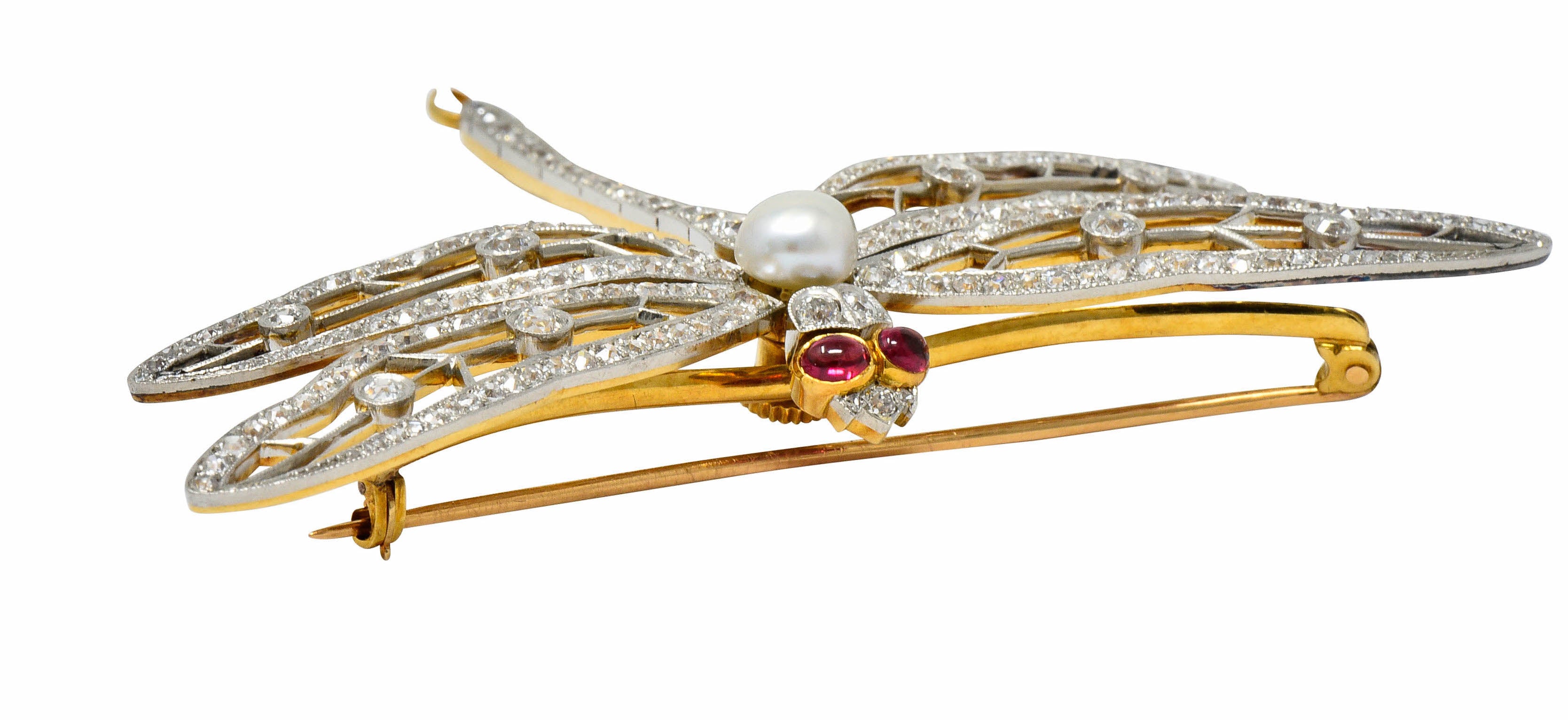 Substantial Edwardian Spinel Pearl Diamond Platinum 18 Karat Gold Dragonfly Broochbrooch - Wilson's Estate Jewelry