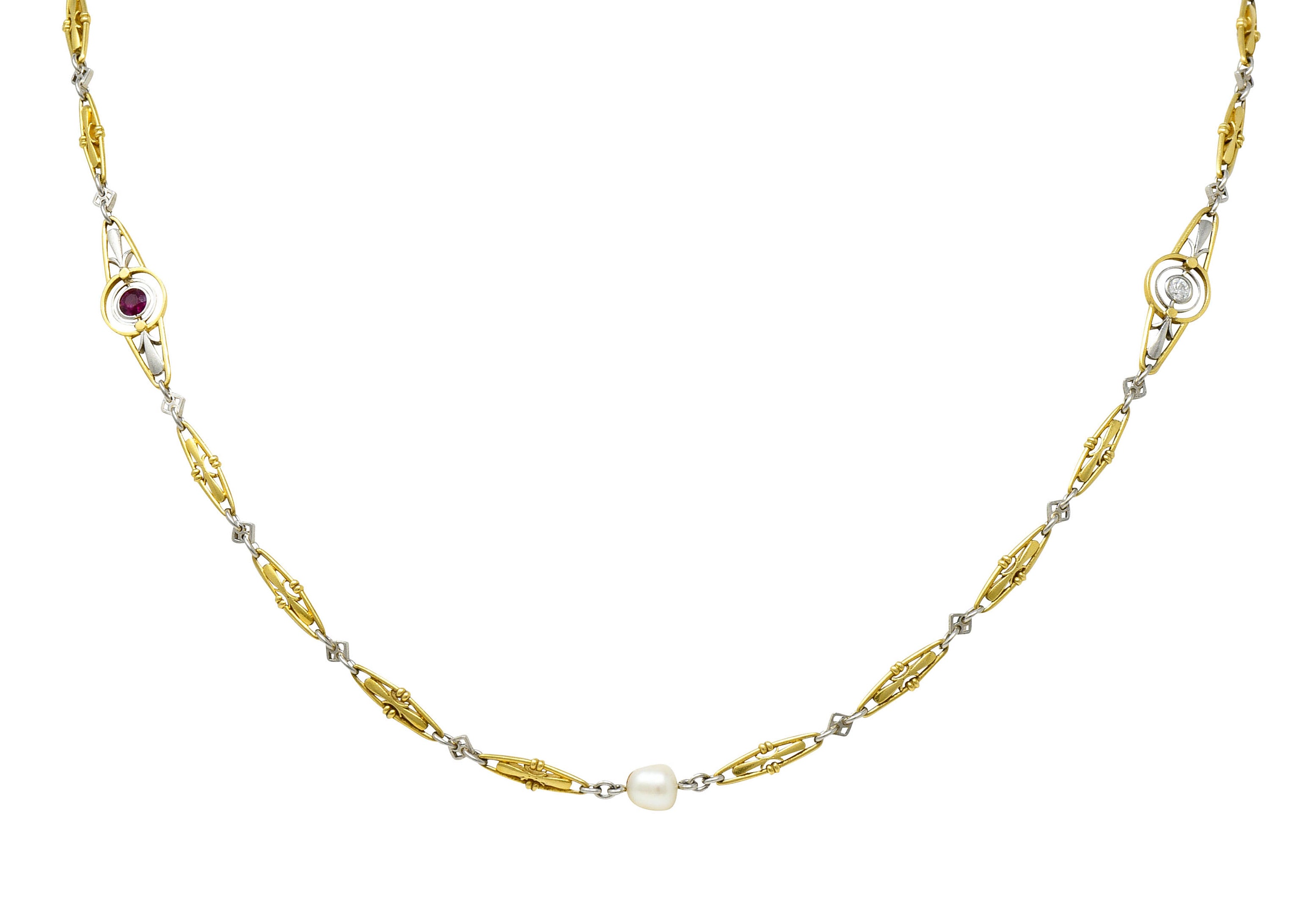 Art Deco Ruby Diamond Pearl Platinum 18 Karat Gold Link NecklaceNecklace - Wilson's Estate Jewelry