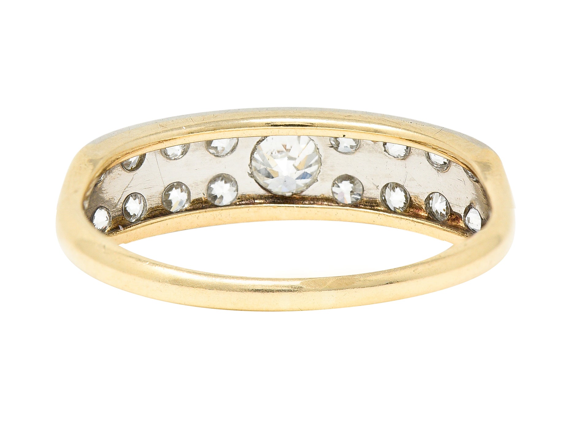 .11111 Retro 1940's Old European Cut Diamond Platinum-Topped 14 Karat Yellow Gold Chevron Vintage Band Ring Wilson's Estate Jewelry