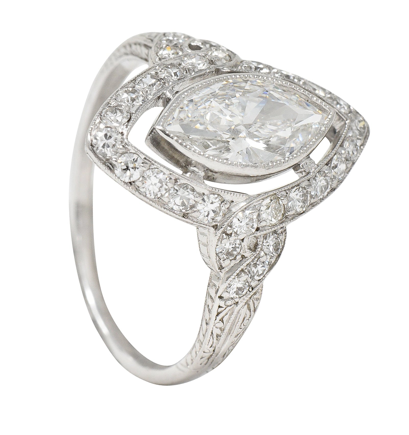 Tiffany & Co. Art Deco 1.30 CTW Marquise Cut Diamond Platinum Twisting Halo Engagement Ring GIA Wilson's Estate Jewelry