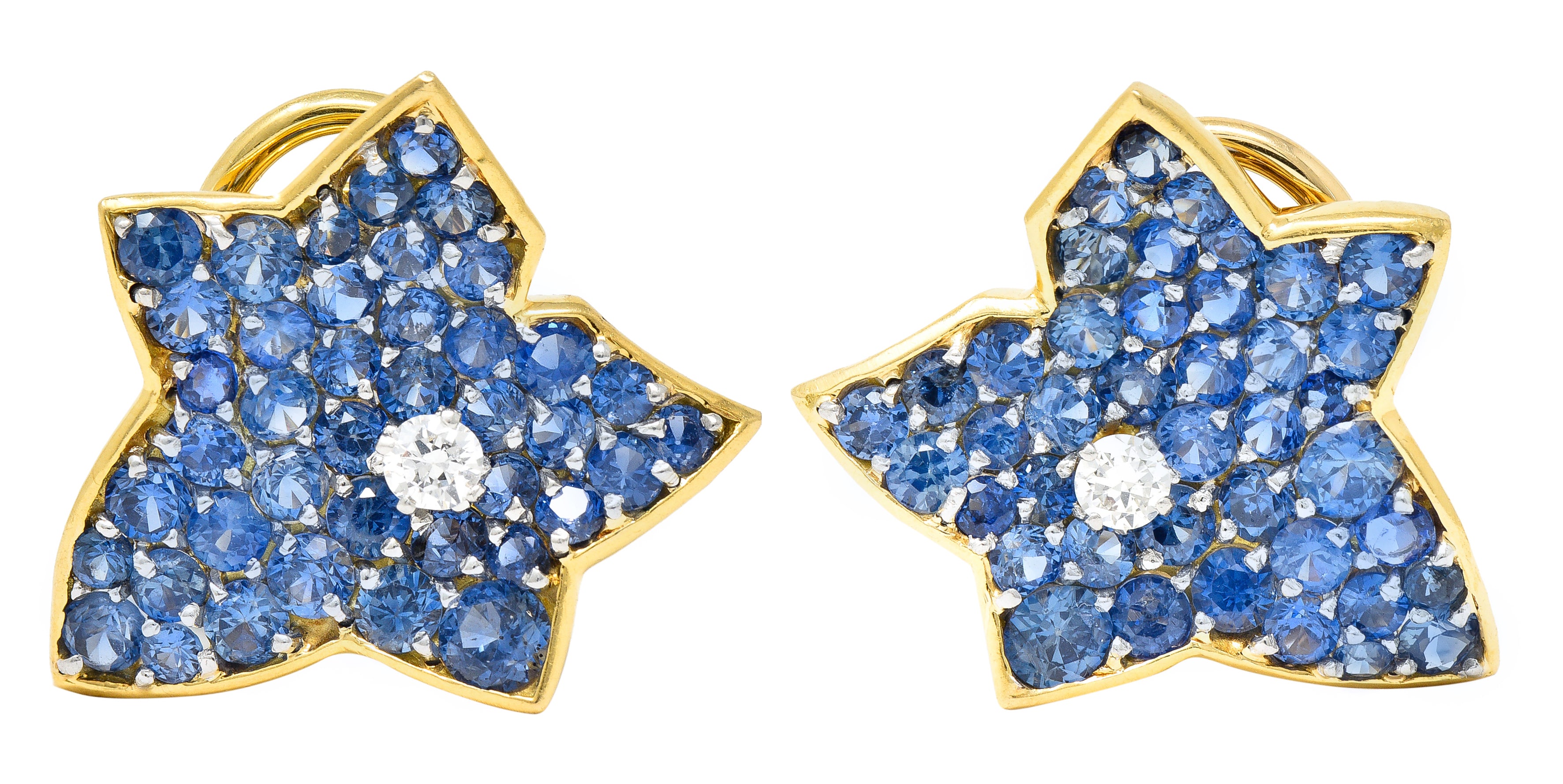 .11111 Van Cleef & Arpels 1960's 13.24 CTW Sapphire Diamond Platinum 18 Karat Yellow Gold Feuilles De Plantan Leaf Ear-Clip Earrings Wilson's Estate Jewelry