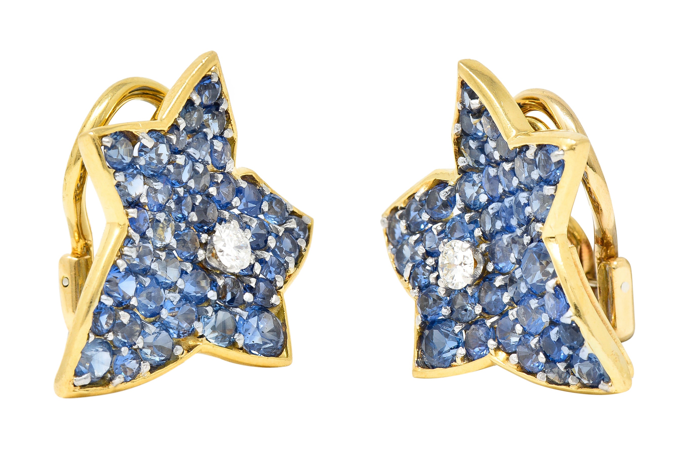 .11111 Van Cleef & Arpels 1960's 13.24 CTW Sapphire Diamond Platinum 18 Karat Yellow Gold Feuilles De Plantan Leaf Ear-Clip Earrings Wilson's Estate Jewelry