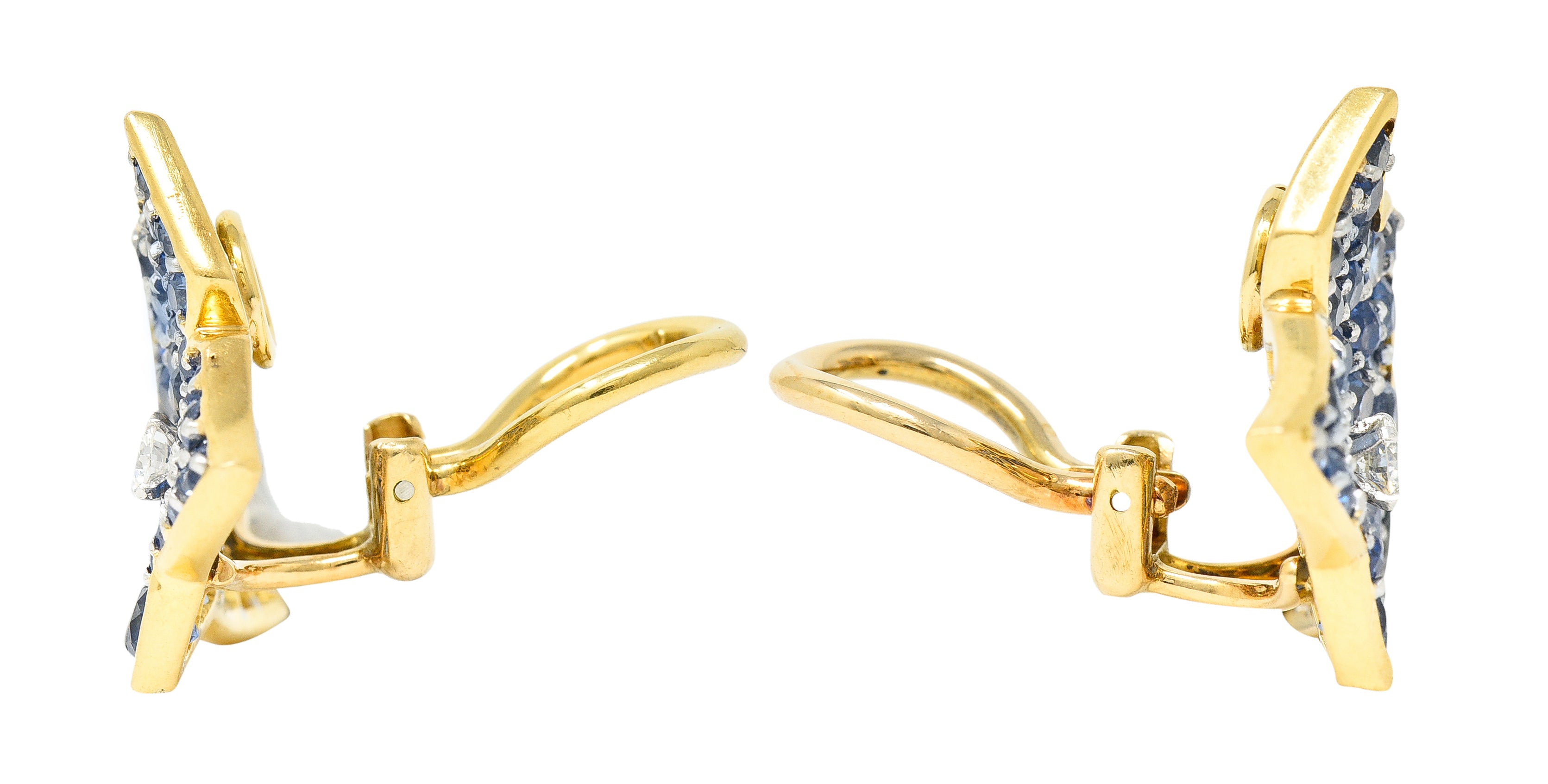 .11111 Van Cleef & Arpels 1960's 13.24 CTW Sapphire Diamond Platinum 18 Karat Yellow Gold Feuilles De Plantan Leaf Ear-Clip Earrings Wilson's Estate Jewelry