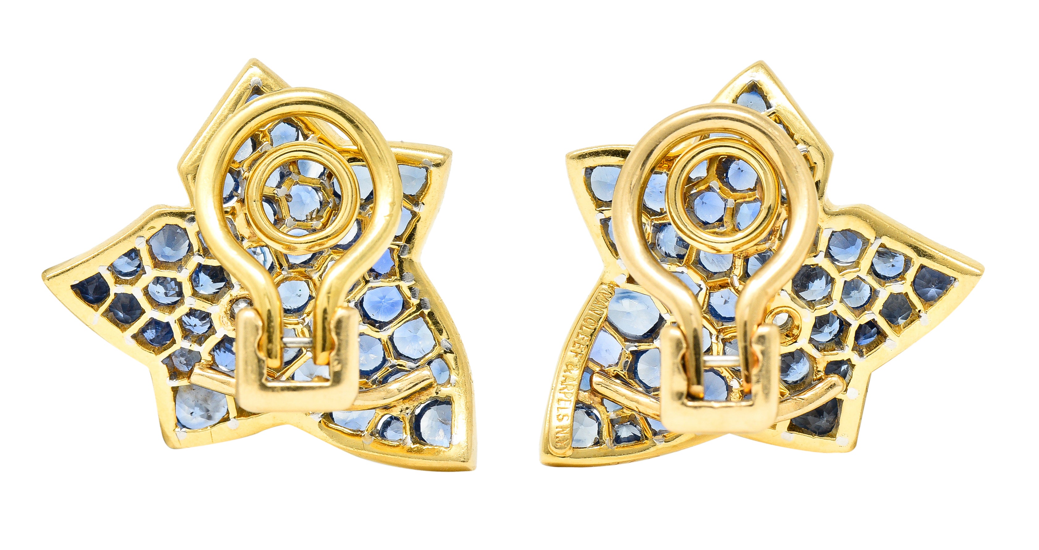 .11111 Van Cleef & Arpels 1960's 13.24 CTW Sapphire Diamond Platinum 18 Karat Yellow Gold Feuilles De Plantan Leaf Ear-Clip Earrings Wilson's Estate Jewelry