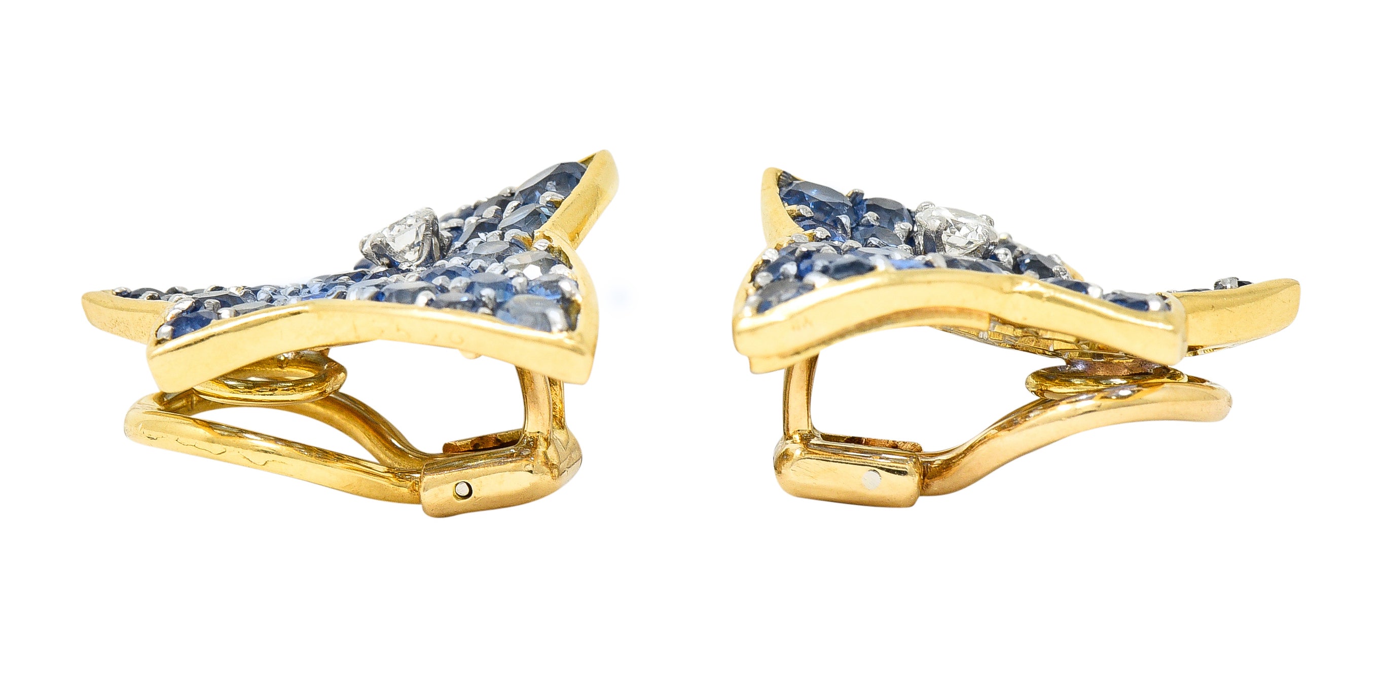 .11111 Van Cleef & Arpels 1960's 13.24 CTW Sapphire Diamond Platinum 18 Karat Yellow Gold Feuilles De Plantan Leaf Ear-Clip Earrings Wilson's Estate Jewelry